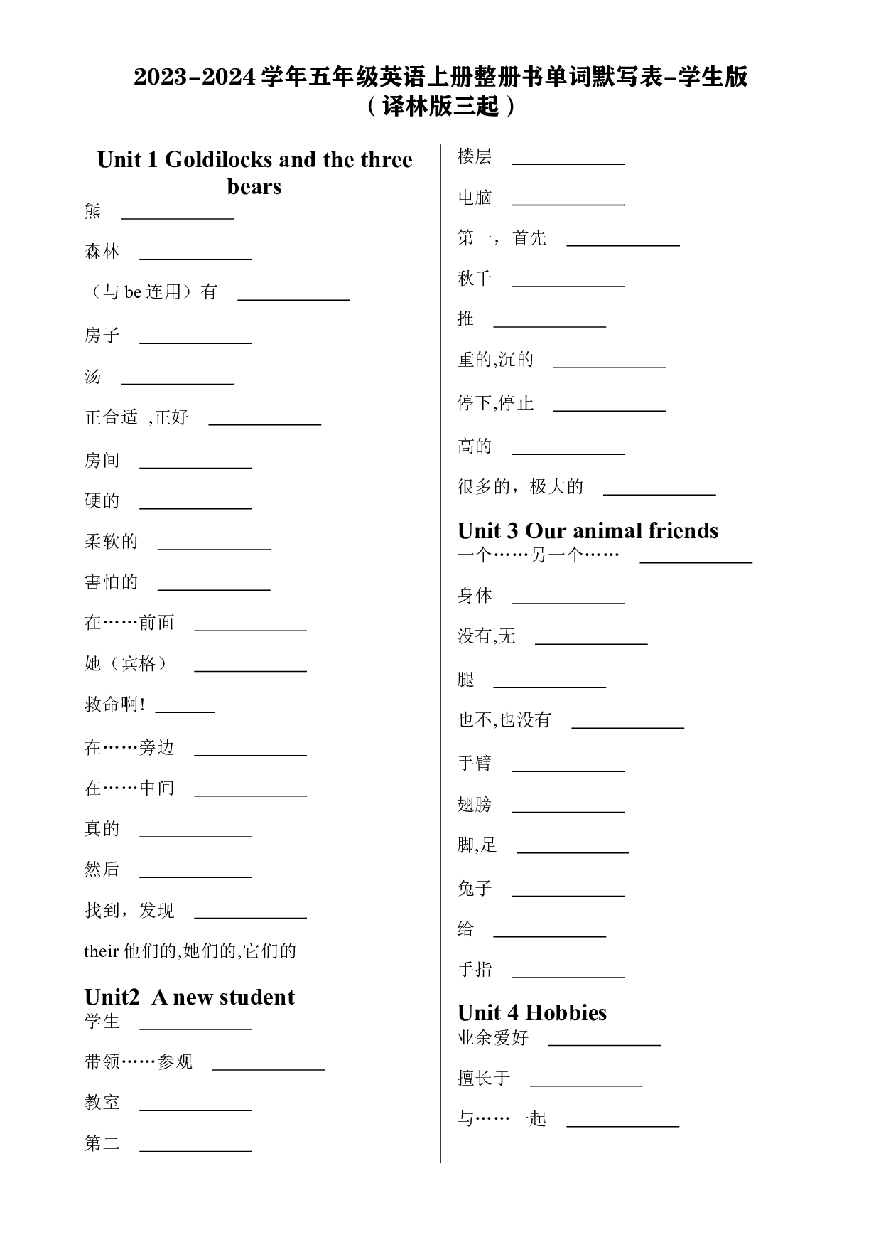 2023-2024学年五年级英语上册整册书单词默写表-学生版（译林版三起）.docx 第1页