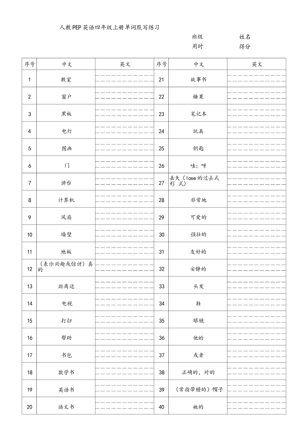 单词专项练习（试题）人教PEP版英语四年级上册.docx 第1页