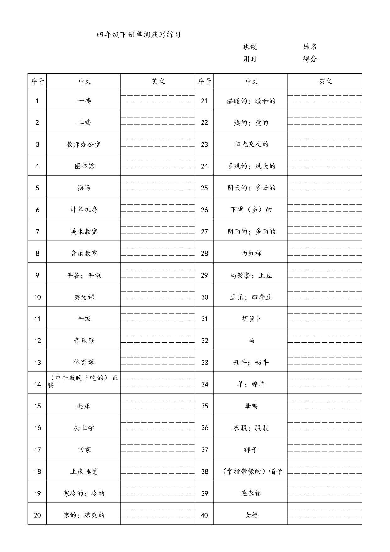 单词专项练习（试题）人教PEP版英语四年级下册.docx 第1页