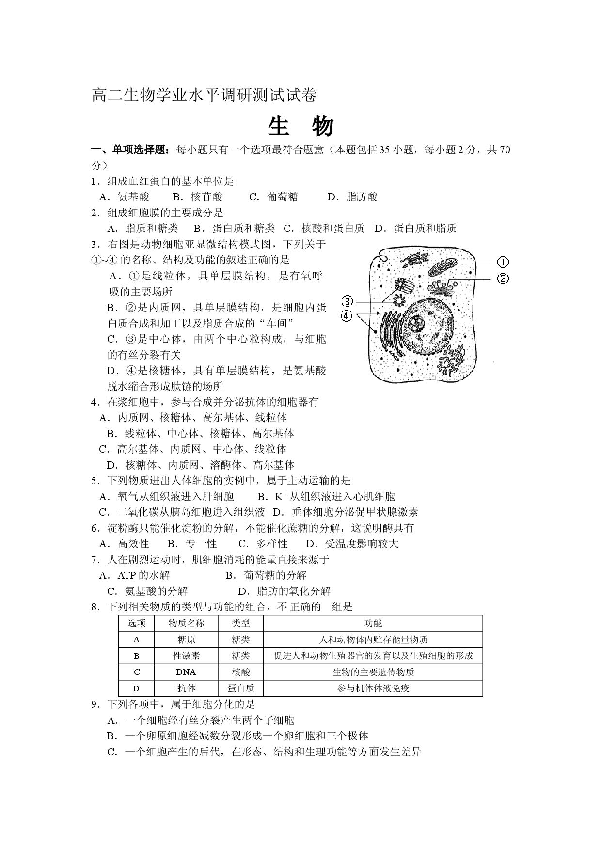 高二生物学业水平调研测试试卷.doc 第1页