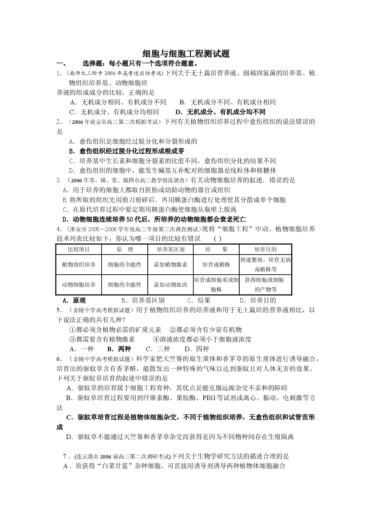 高三生物细胞与细胞工程测试题.doc 第1页
