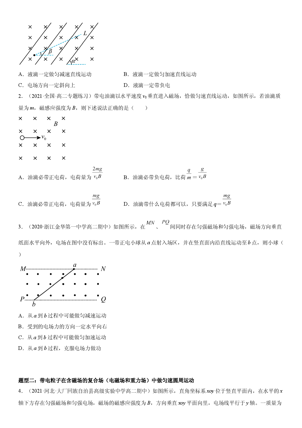 专题强化训练二 带电粒子在复合场中的运动-2021-2022学年高二物理精讲与精练高分突破考点专题系列（人教版2019选择性必修第二册）.doc 第2页