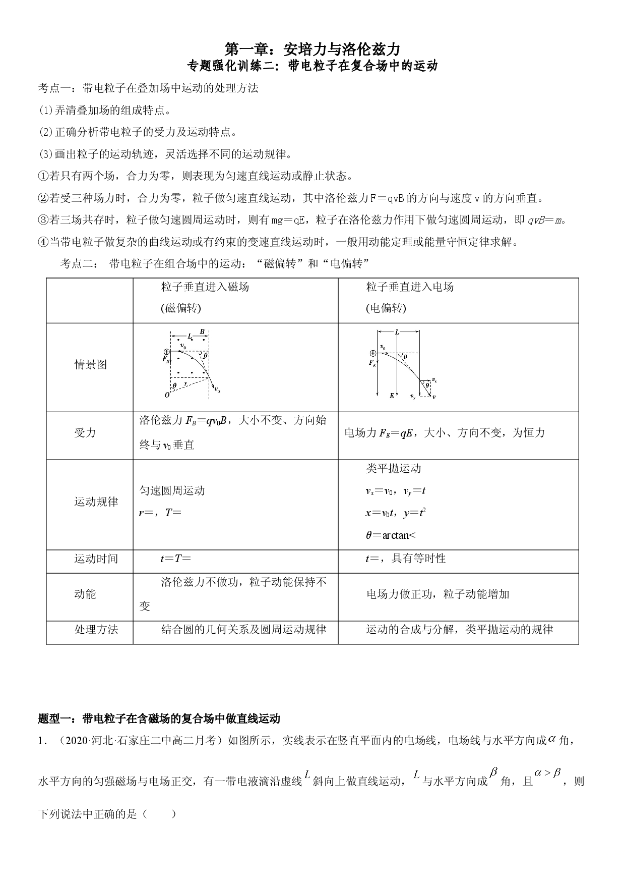 专题强化训练二 带电粒子在复合场中的运动-2021-2022学年高二物理精讲与精练高分突破考点专题系列（人教版2019选择性必修第二册）.doc 第1页