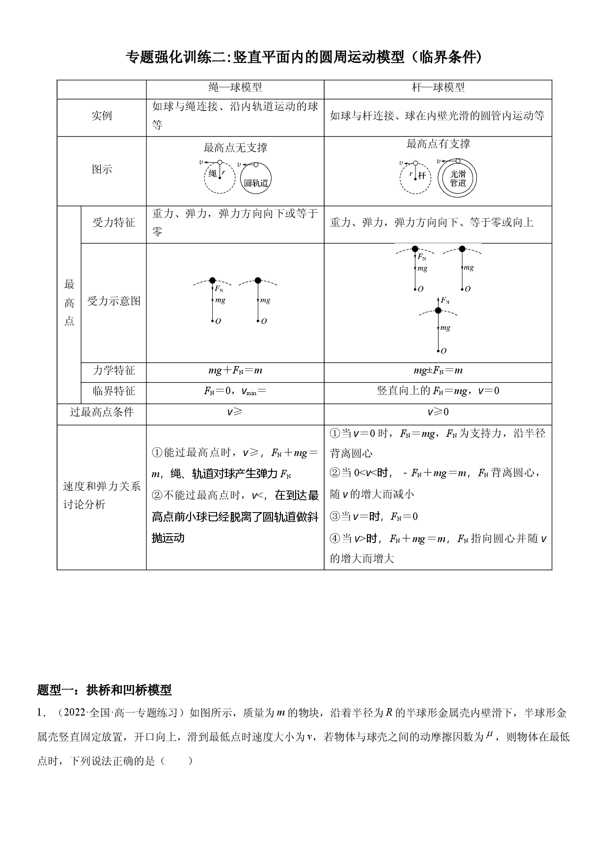 专题强化训练二  竖直平面内的圆周运动模型（临界条件)-2021-2022学年高一物理精讲与精练高分突破考点专题系列（人教版2019必修第二册）.docx 第1页