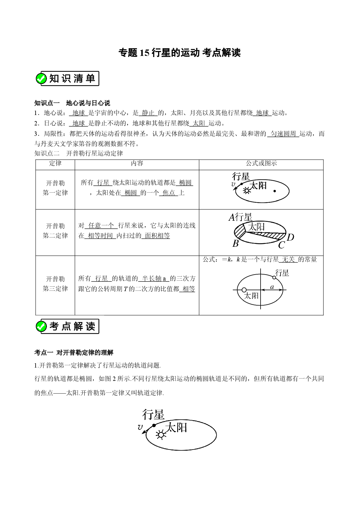 专题15 （考点解读）行星的运动 高一物理必修2考点解读与考点练习.doc 第1页