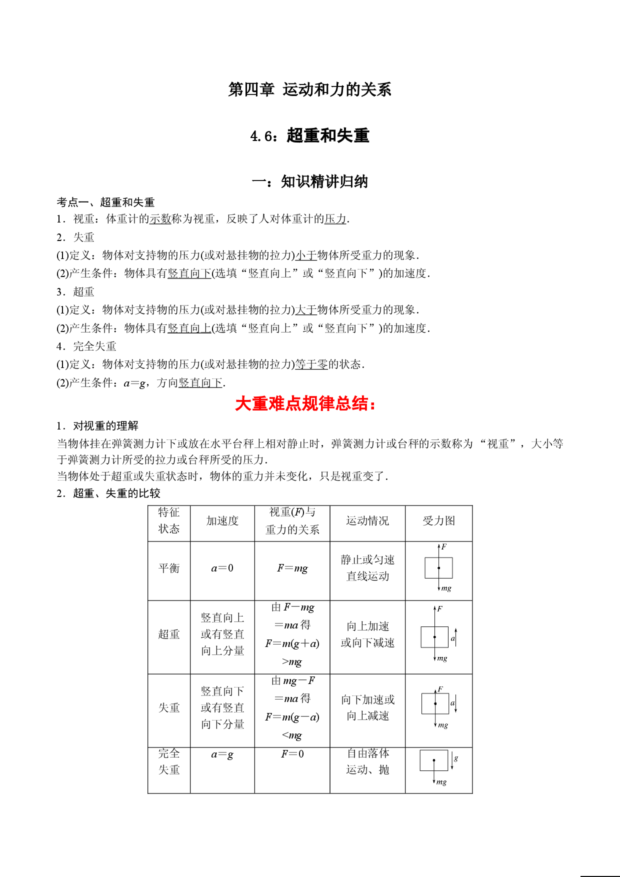 4.6 超重和失重-2021-2022学年高一物理精讲与精练高分突破考点专题系列（人教版2019必修第一册）.doc 第1页