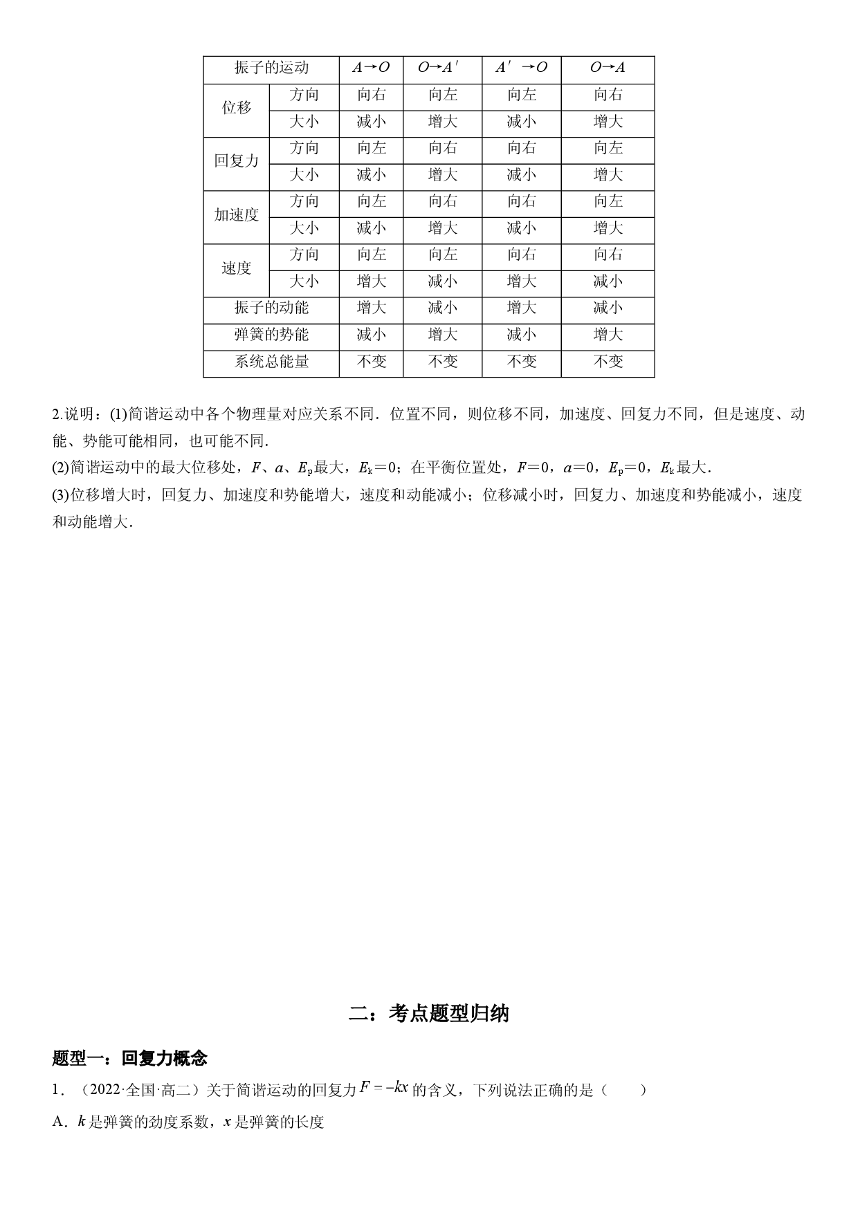 2.3 简谐运动的回复力和能量-2021-2022学年高二物理精讲与精练高分突破考点专题系列（人教版2019选择性必修第一册）.docx 第2页