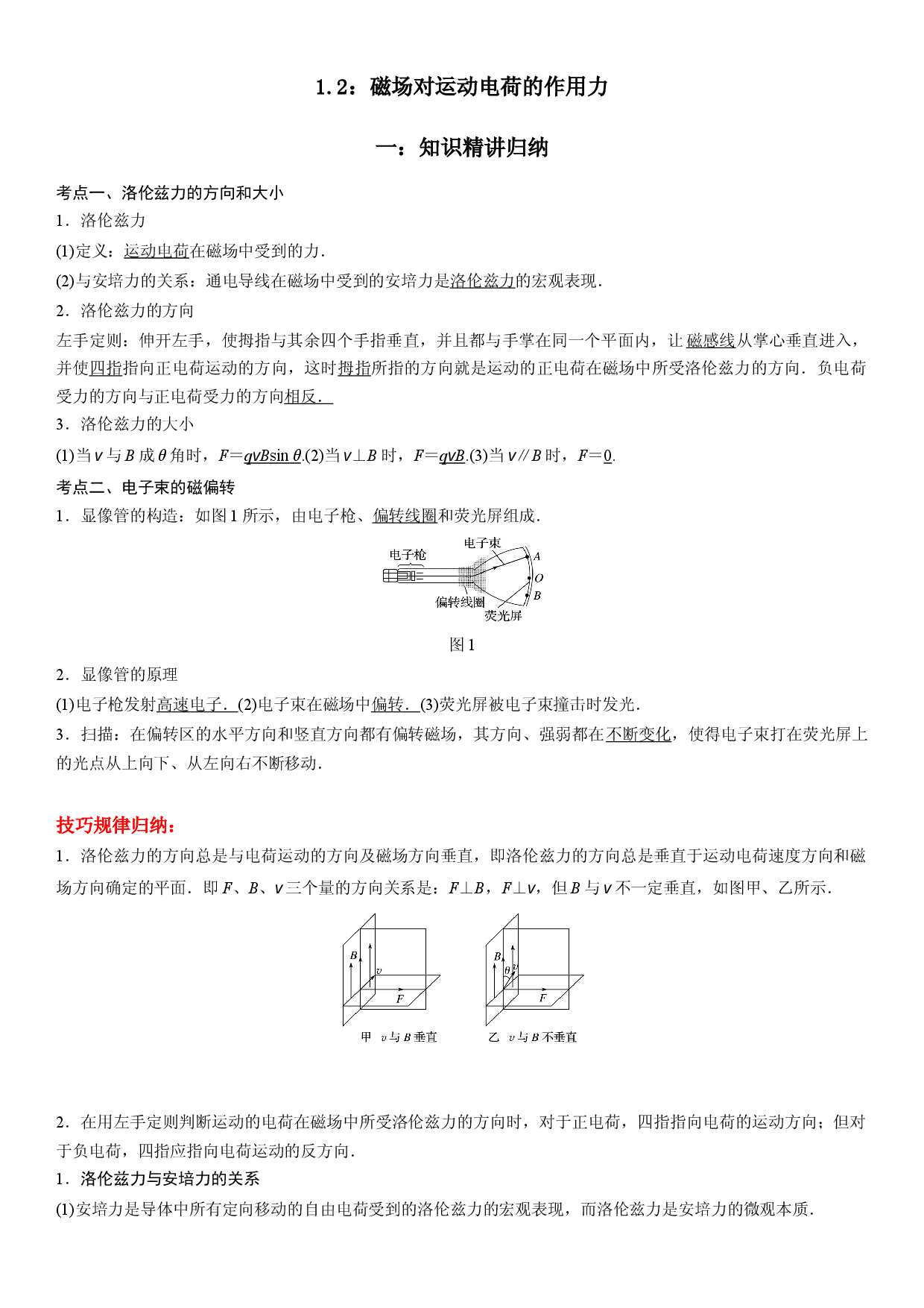 1.2 磁场对运动电荷的作用力-2022-2023学年高二物理精讲与精练高分突破考点专题系列（人教版2019选择性必修第二册）.docx 第1页