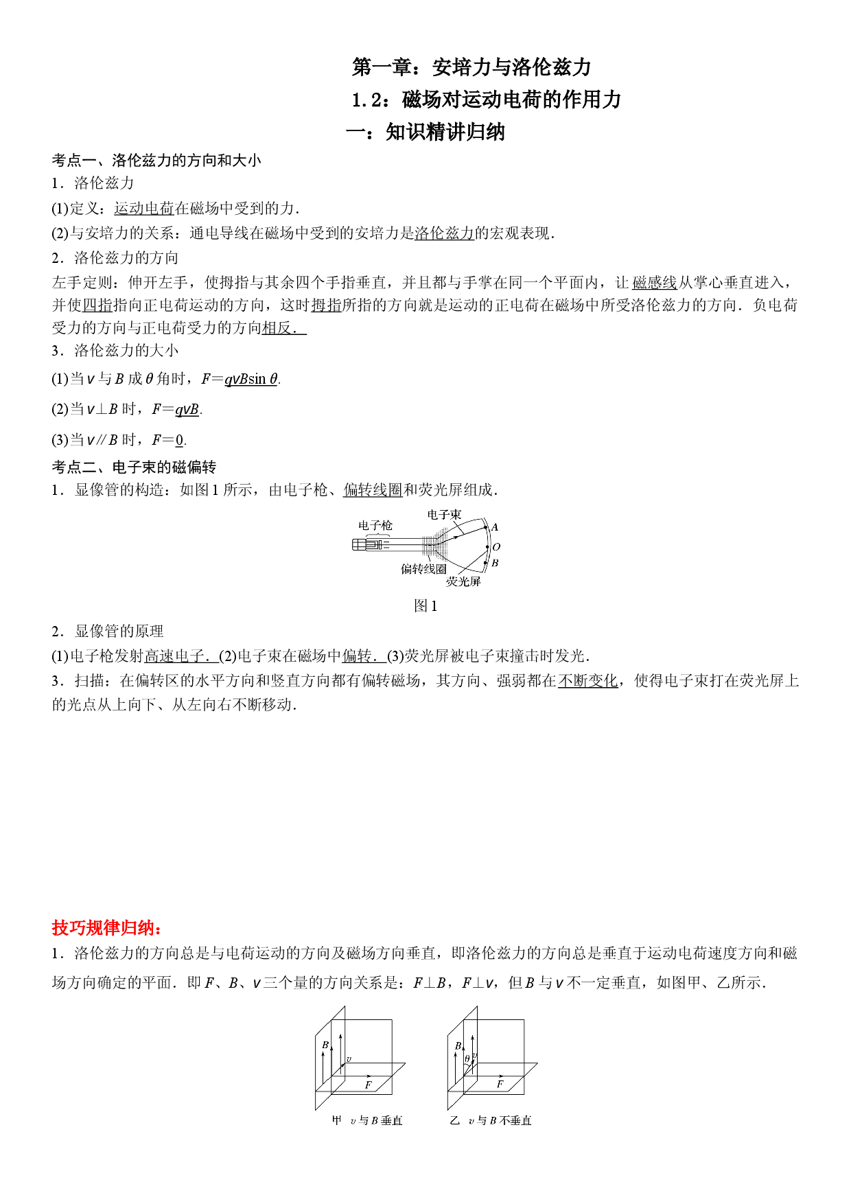 1.2 磁场对运动电荷的作用力-2021-2022学年高二物理精讲与精练高分突破考点专题系列（人教版2019选择性必修第二册）.doc 第1页