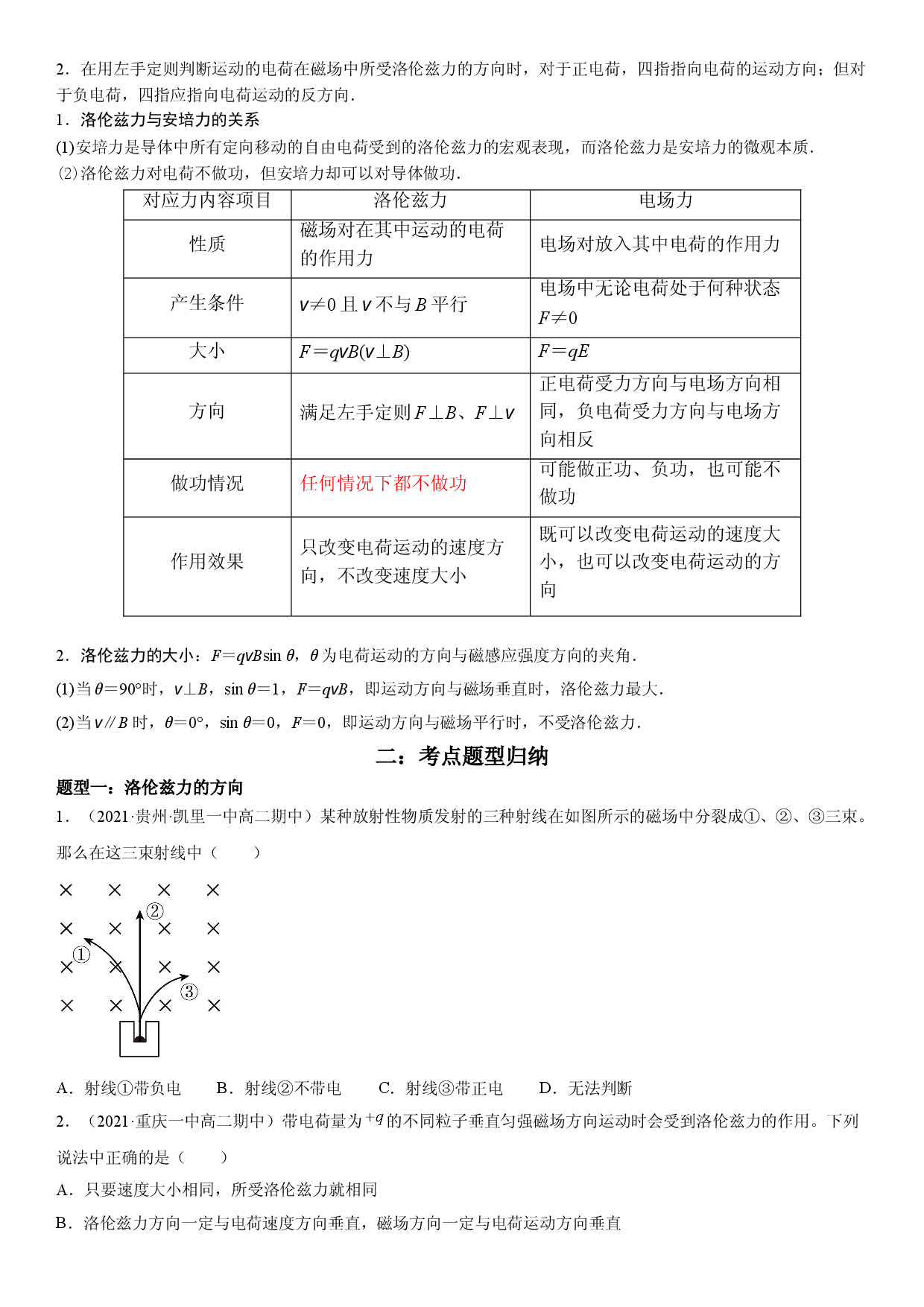 1.2 磁场对运动电荷的作用力-2021-2022学年高二物理精讲与精练高分突破考点专题系列（人教版2019选择性必修第二册）.doc 第2页