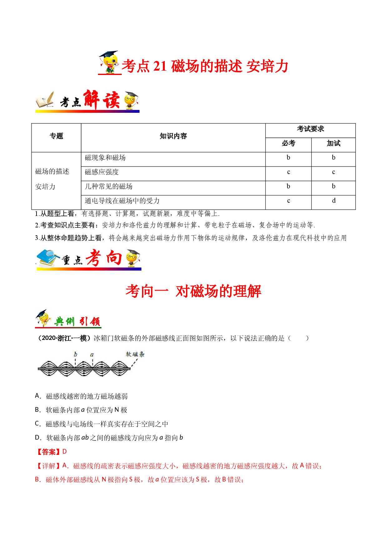 考点21 磁场的描述  安培力-备战2022年高考物理一轮复习考点帮（浙江专用）.doc 第1页