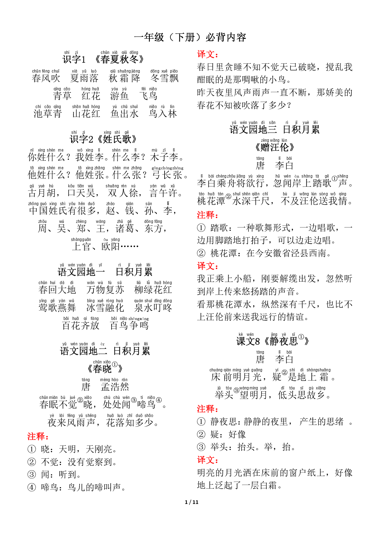 ❤一年级（下册）背诵默写（古诗+课文+日积月累）.pdf 第1页