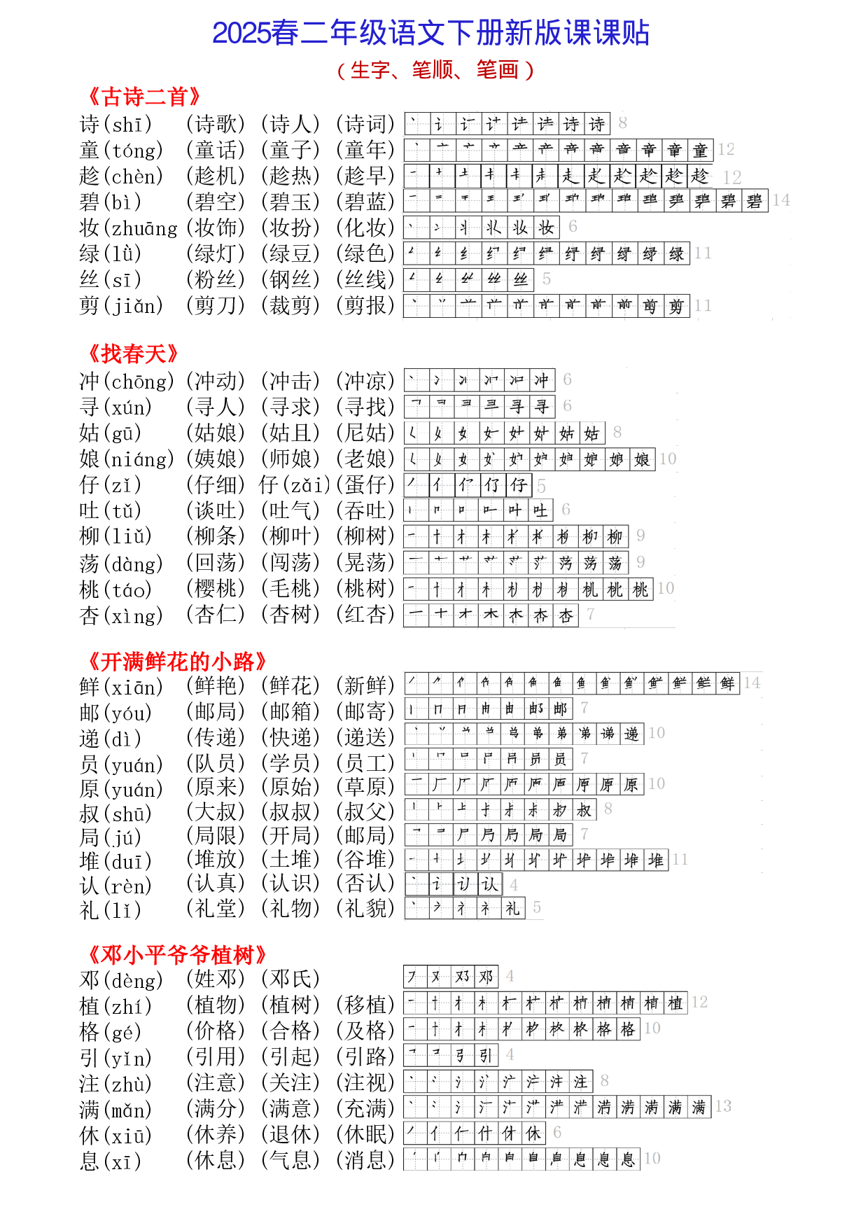 二年级下册生字拼音组词笔顺(打印出来无水印).pdf 第1页