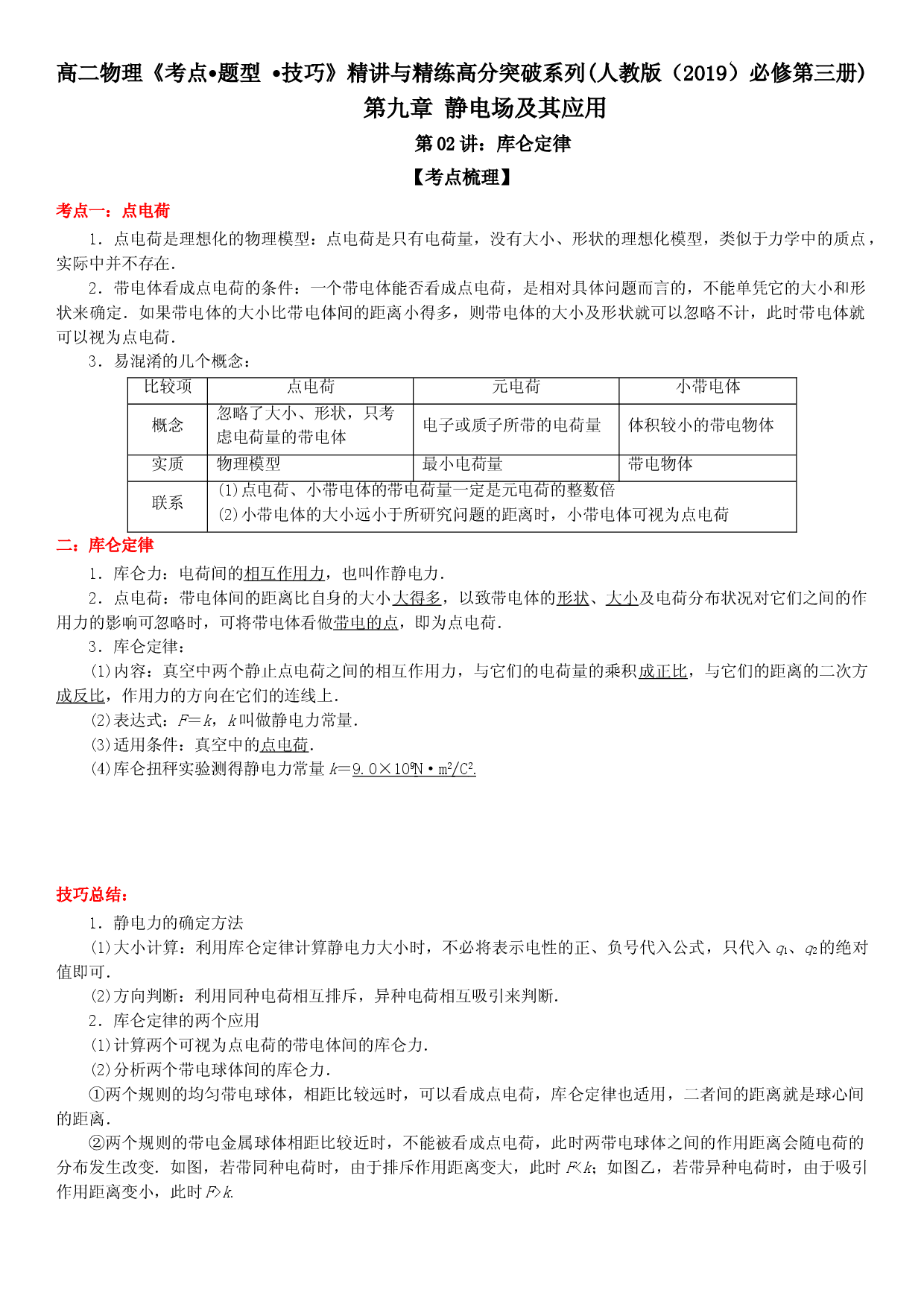 第02讲 库仑定律-2021-2022学年高二物理《考点&bull;题型&bull;技巧》期末复习高分突破系列(人教版2019必修第三册).doc 第1页