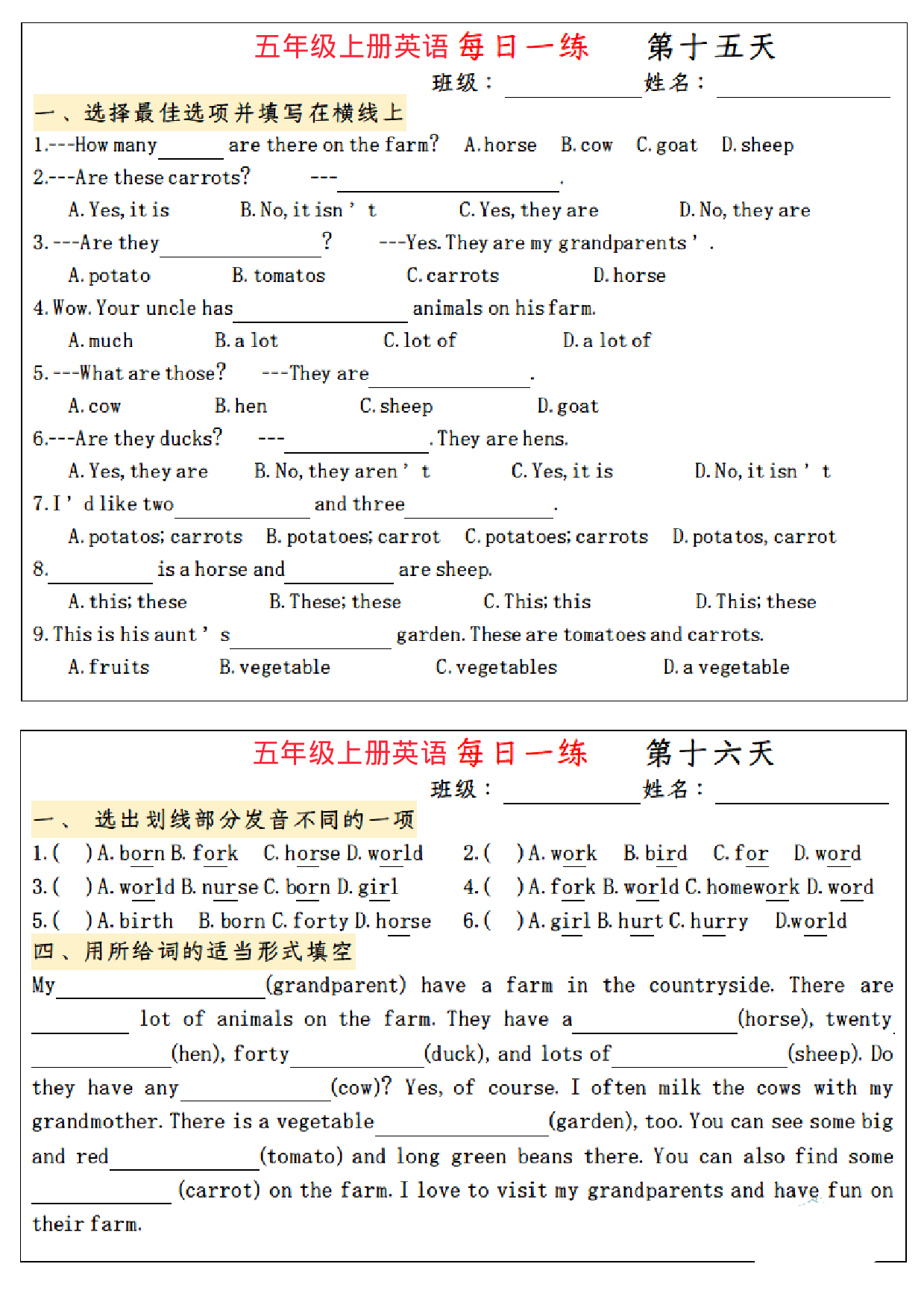 五年级上册英语 语法每日一练_第8.pdf 第1页