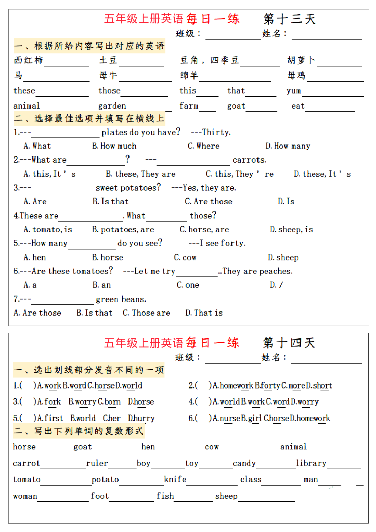 五年级上册英语 语法每日一练_第7.pdf 第1页