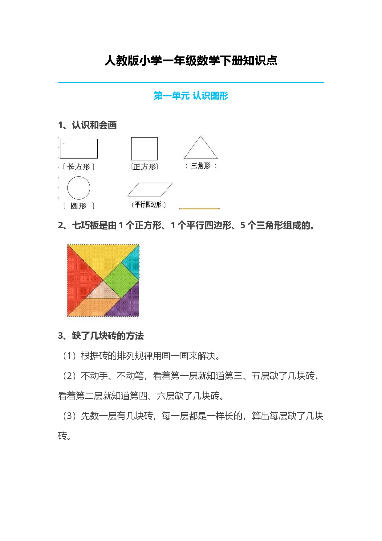 人教版一年级数学下册知识点.docx 第1页
