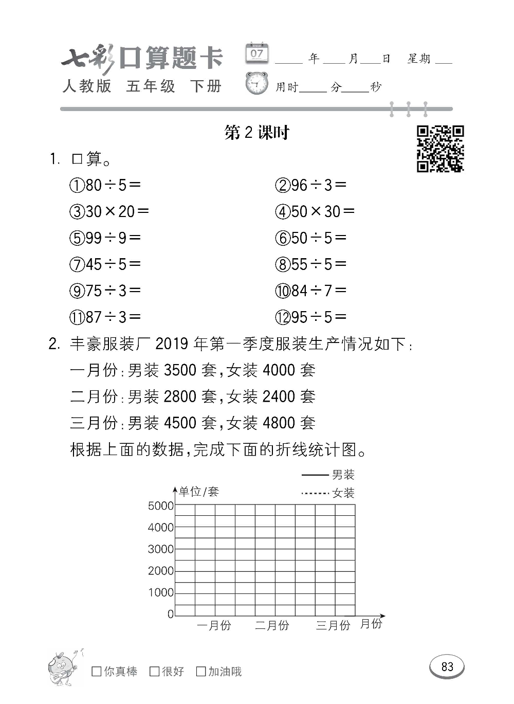 人教版数学五年级下册七彩口算题卡（心算、巧算、速算、天天练）含参考答案_第83.pdf 第1页