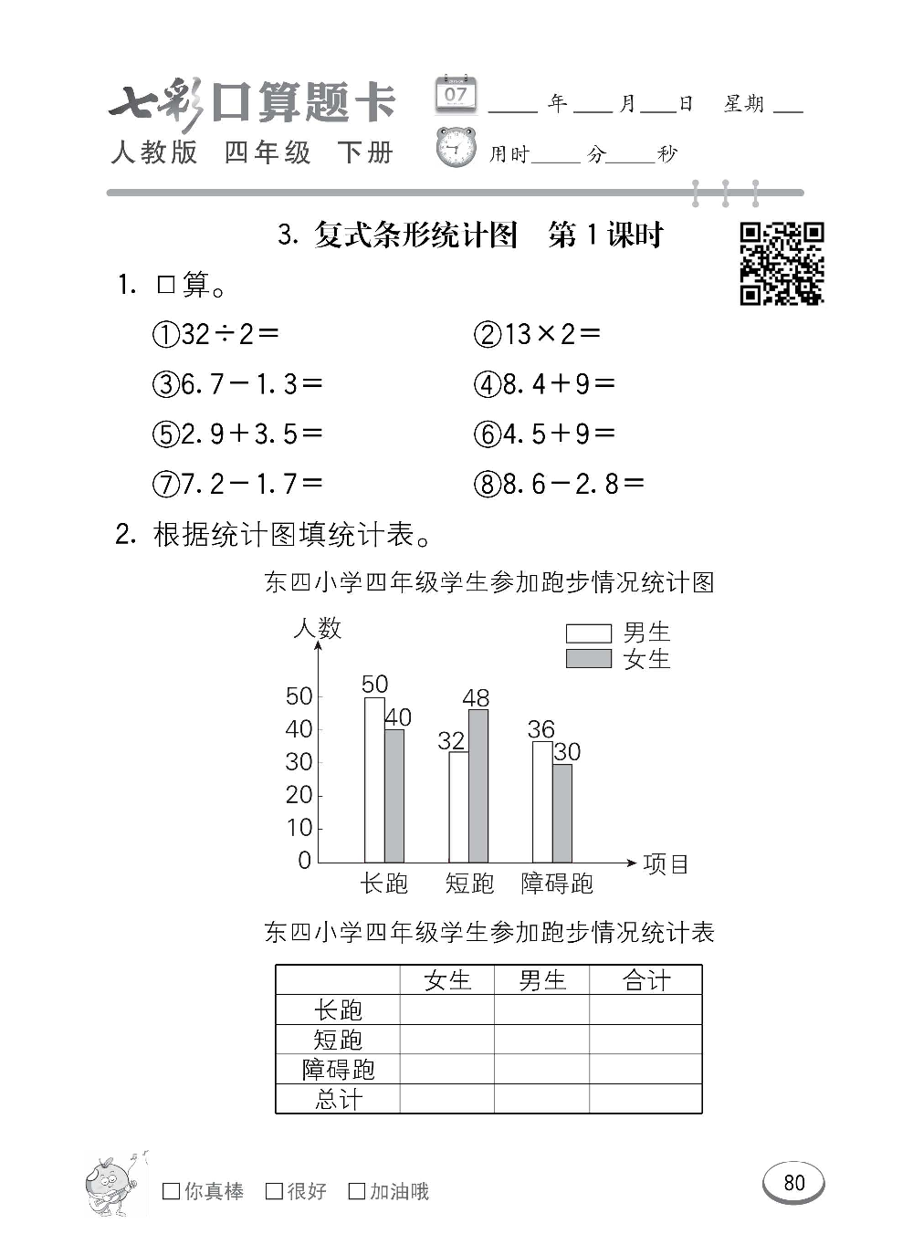 人教版数学四年级下册七彩口算题卡（心算、巧算、速算、天天练）含参考答案_第80.pdf 第1页