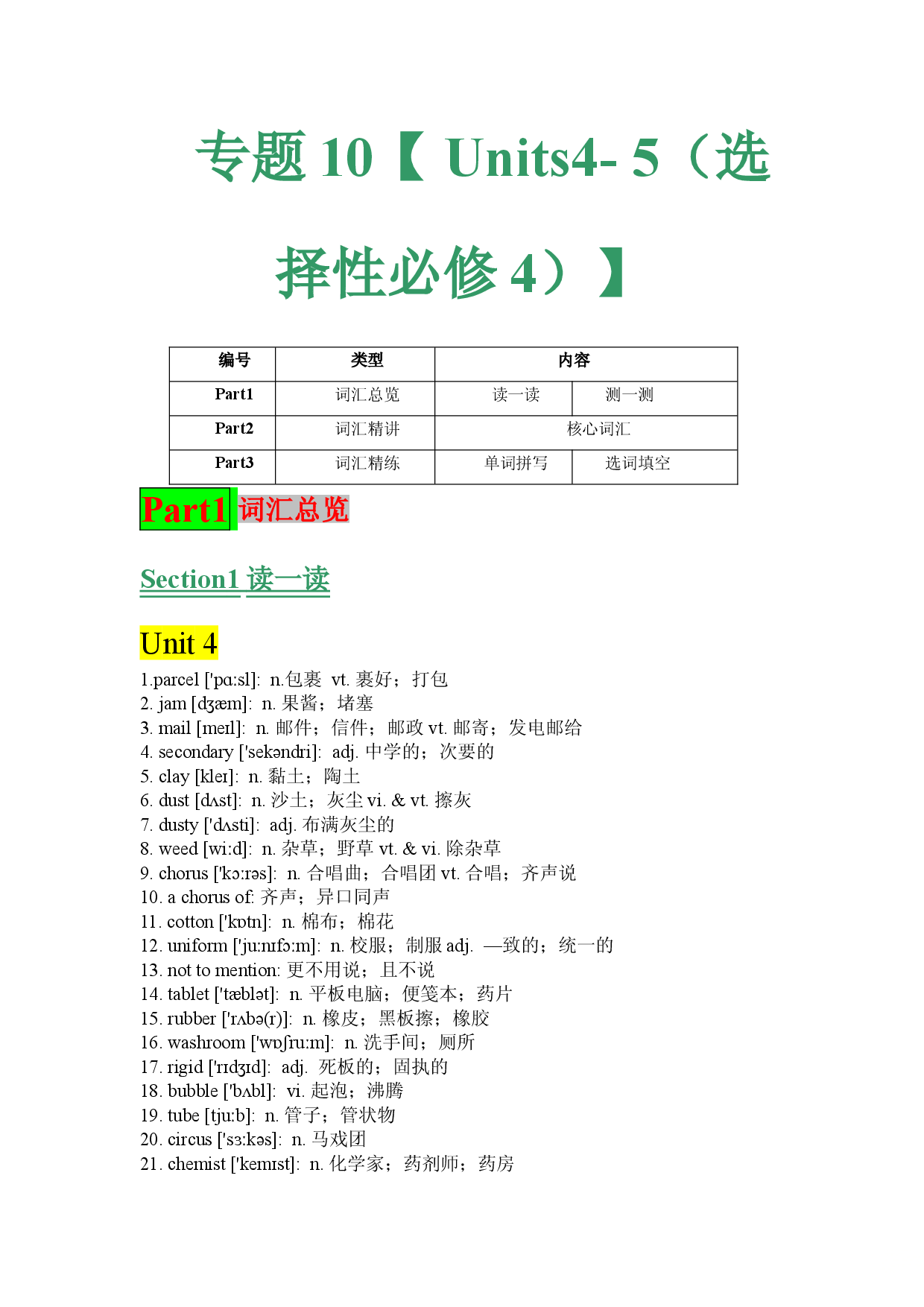 专题10 Units4-5词汇-预热综合讲练-【寒假自学课】2022年高二英语寒假精品课（人教版2019 选择性必修4）.doc 第1页