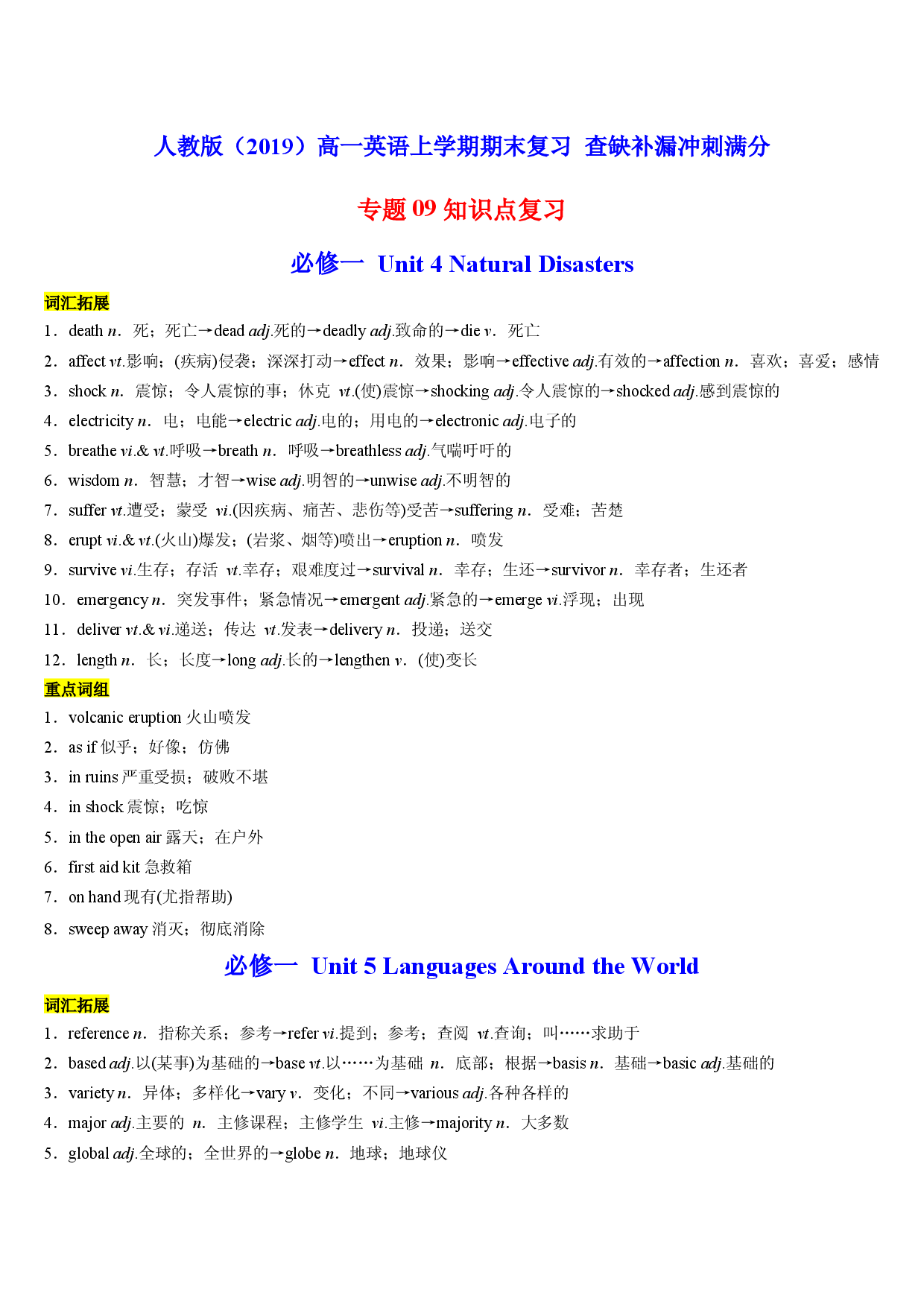 专题09 知识点复习-2022-2023学年高一英语上学期期末复习查缺补漏冲刺满分（人教版2019）.docx 第1页
