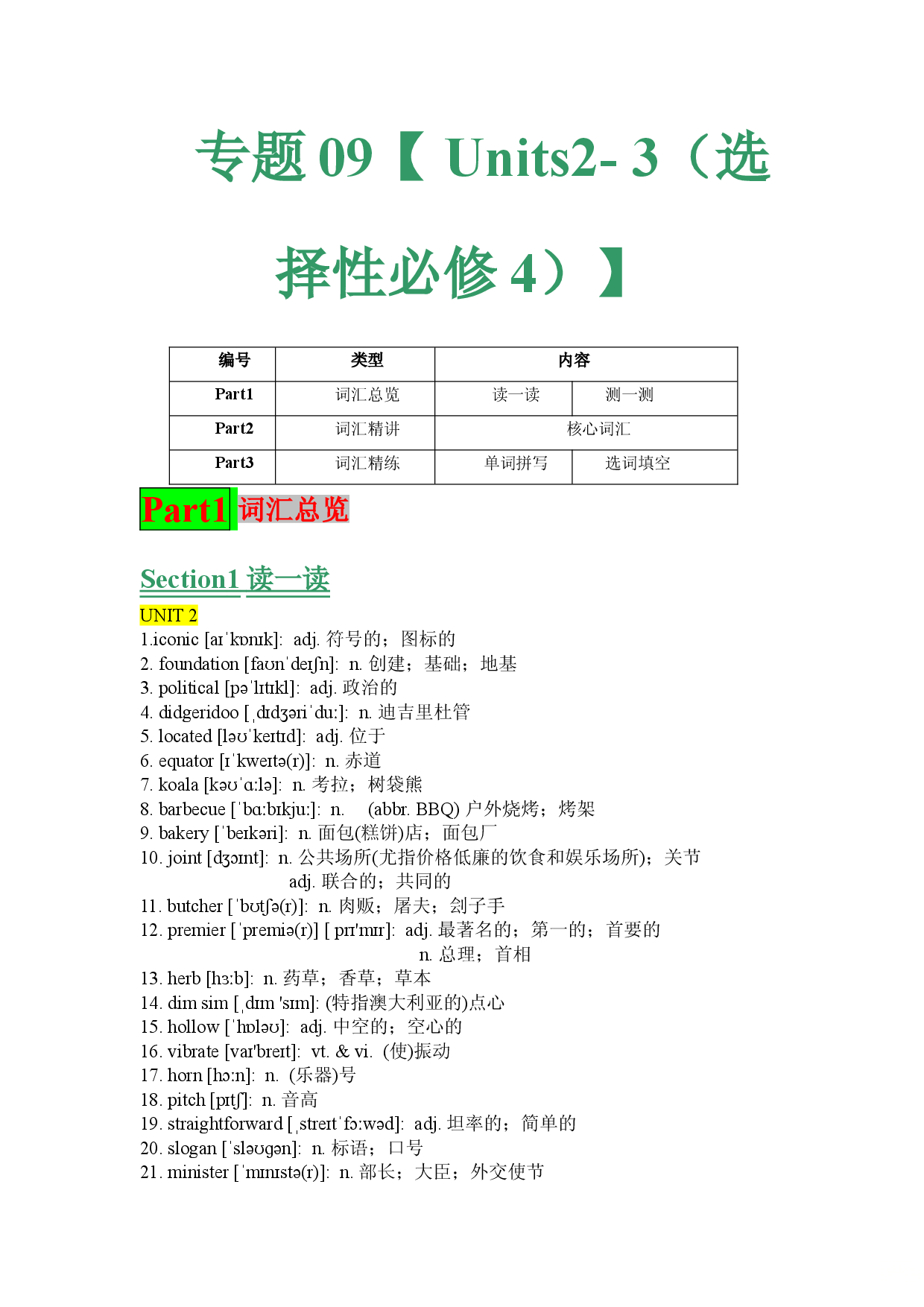 专题09 Units2-3词汇-预热综合讲练-【寒假自学课】2022年高二英语寒假精品课（人教版2019 选择性必修4）.doc 第1页