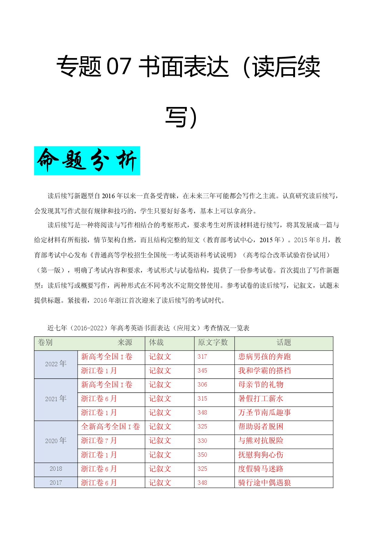专题07 书面表达（读后续写）-十年（2013-2022）高考真题英语试题研究.docx 第1页