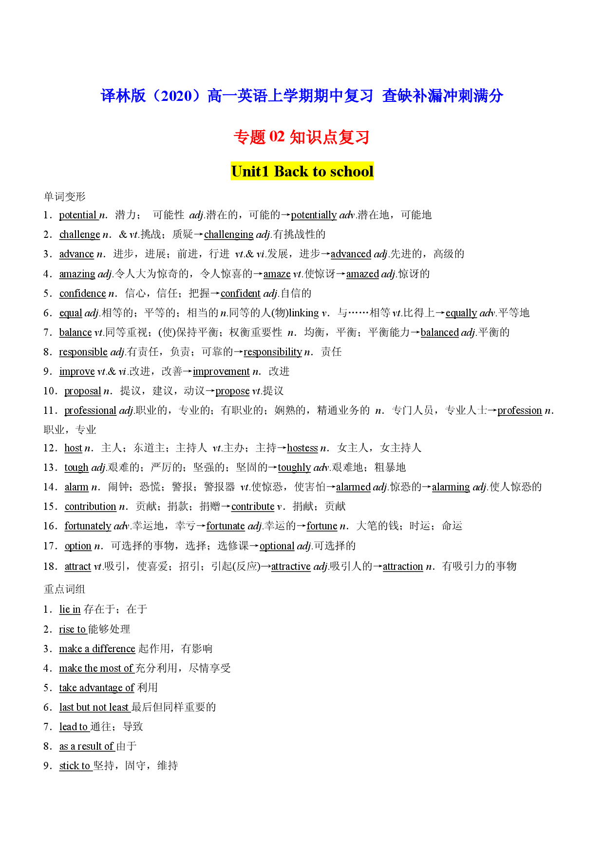 专题02 知识点复习-2022-2023学年高一英语上学期期中复习查缺补漏冲刺满分（牛津译林版2020）.docx 第1页
