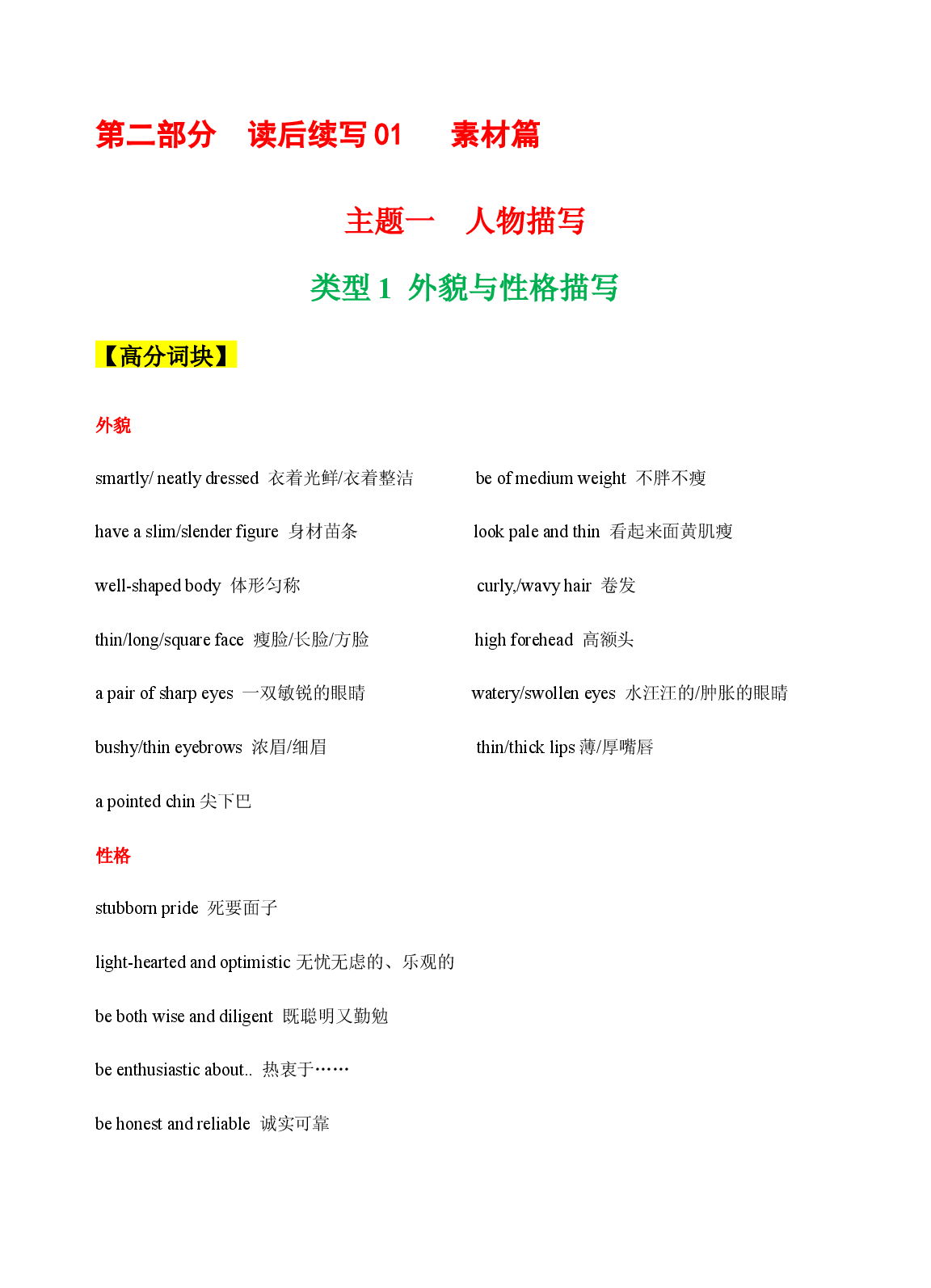 第二部分  读后续写 01 素材篇--主题01 人物描写  备战2022年新教材新高考英语写作新题型三合一解读+训练（高考专用）.docx 第1页