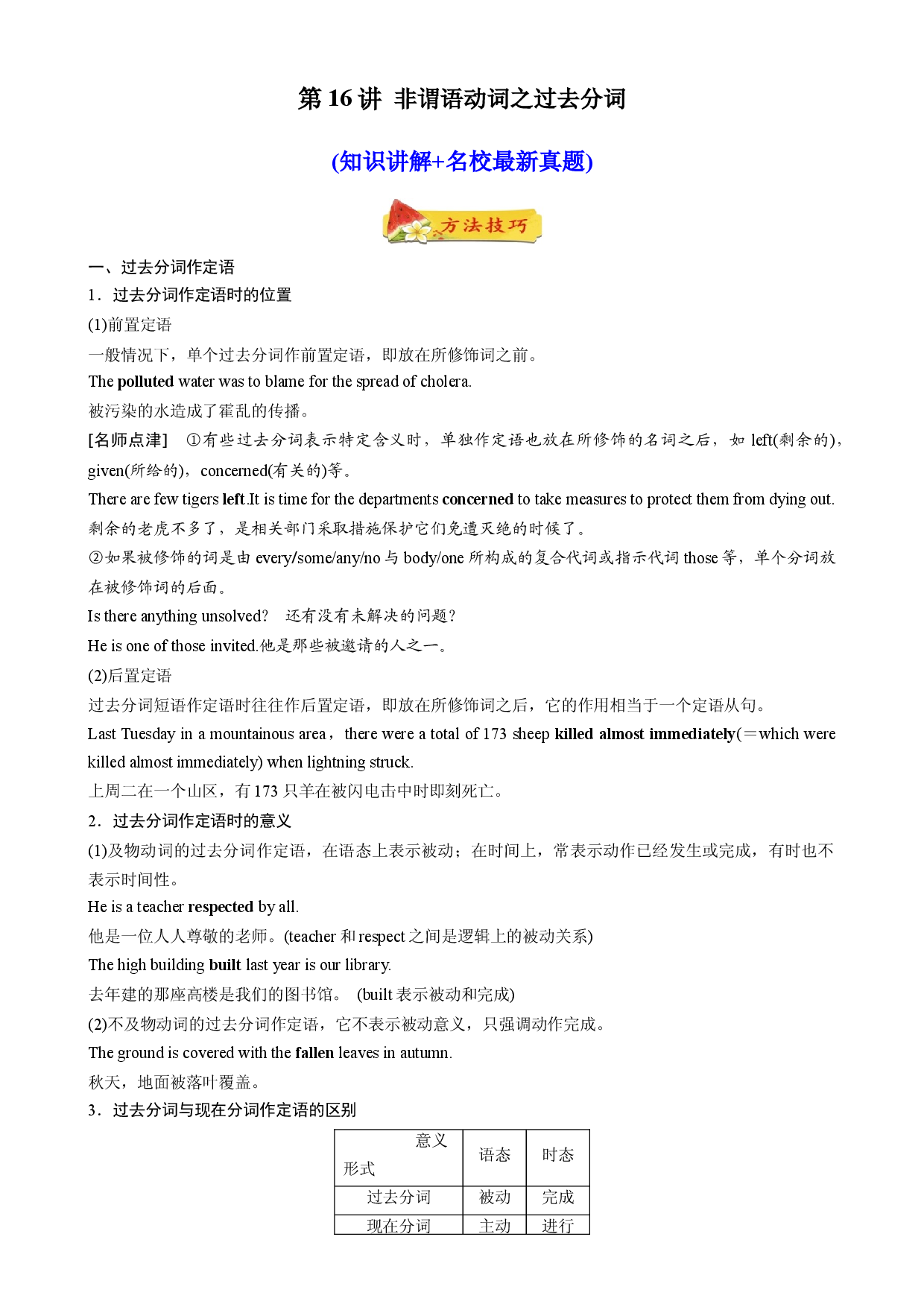 第16讲 非谓语动词之过去分词(知识讲解+名校最新真题)-【暑假自学课】2022年新高一英语暑假精品课（牛津译林版2020）.docx 第1页
