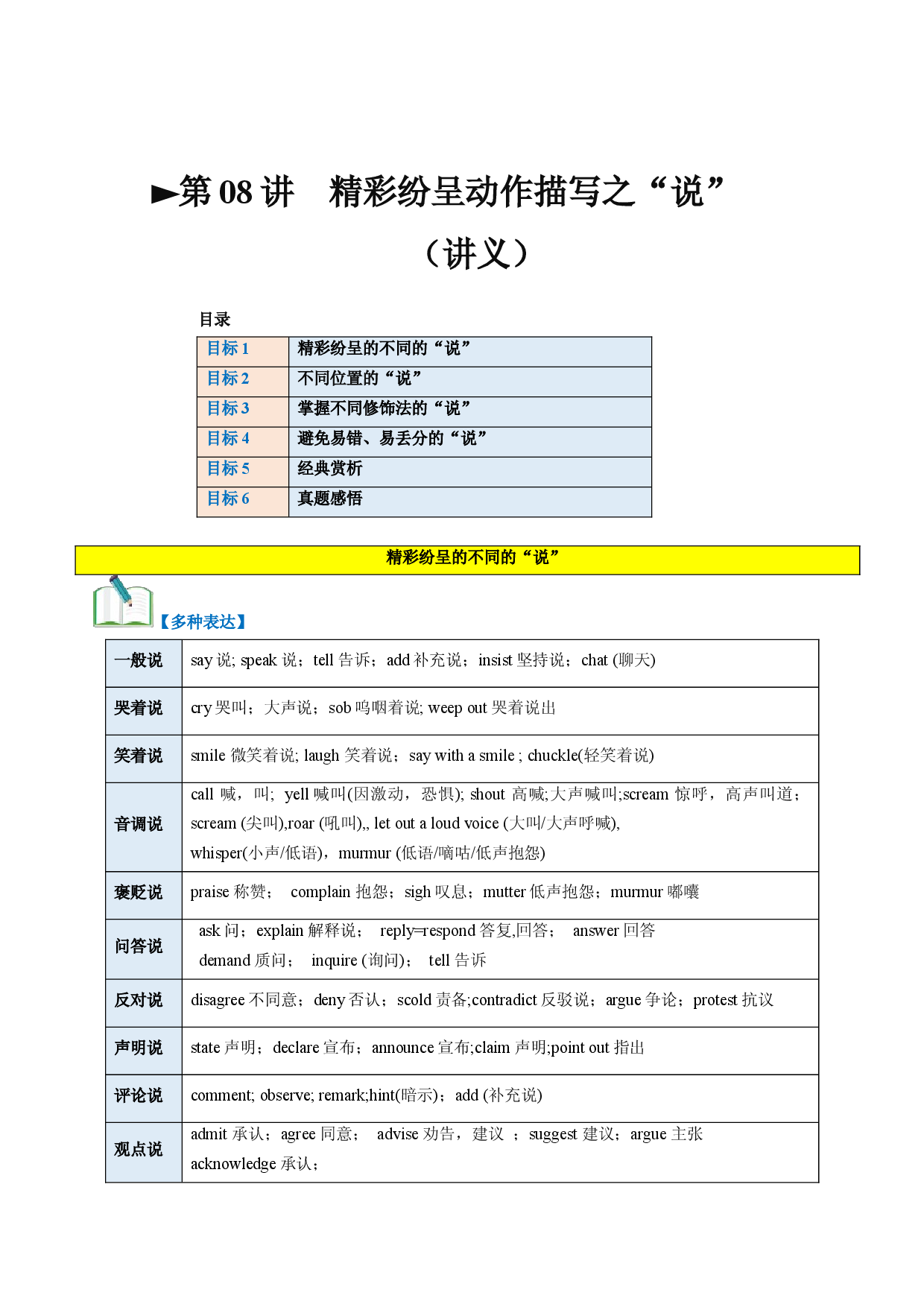 第08讲 读后续写精彩纷呈动作描写之&rdquo;说&ldquo;（讲义）-2024年高考英语一轮复习讲练测（新教材新高考）.docx 第1页