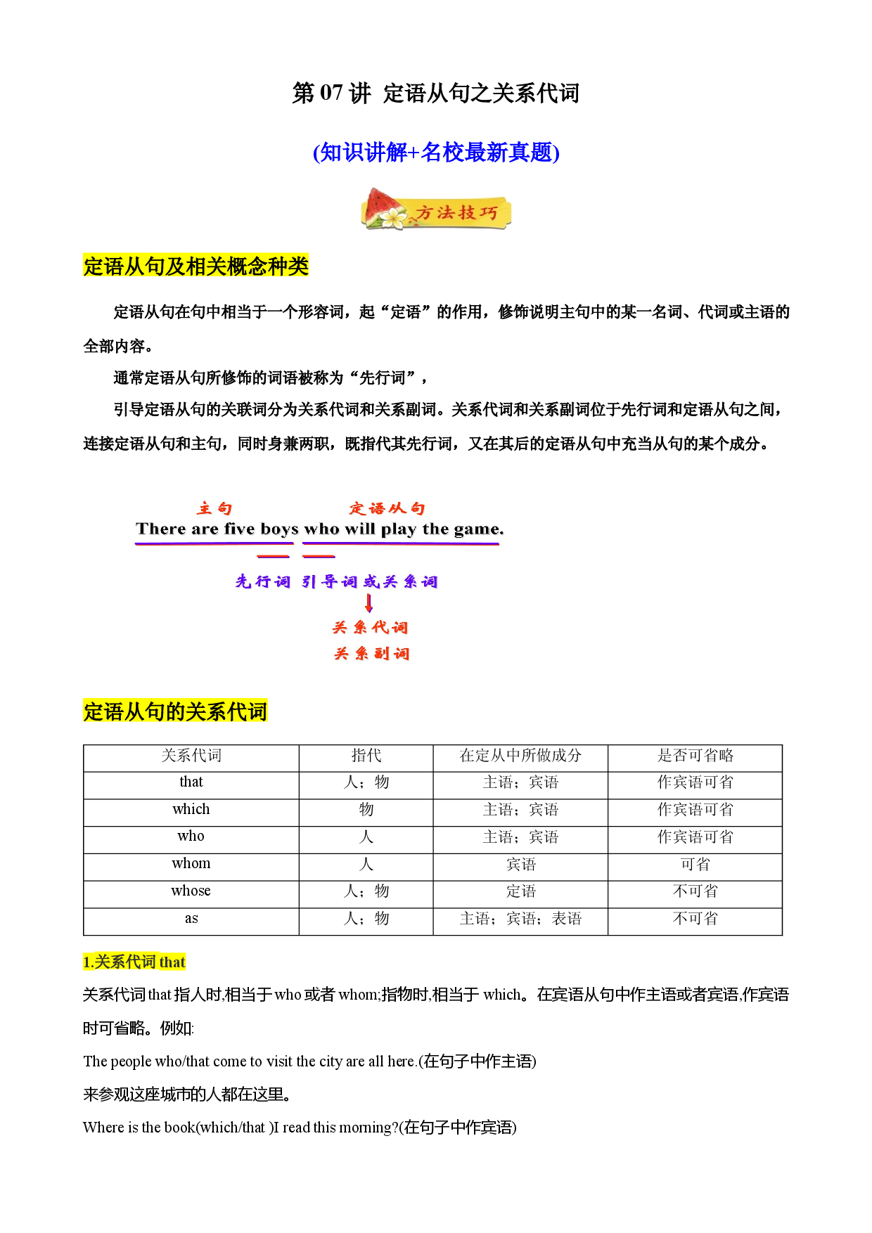第07讲 定语从句之关系代词(知识讲解+名校最新真题)-【暑假自学课】2022年新高一英语暑假精品课（牛津译林版2020）.docx 第1页
