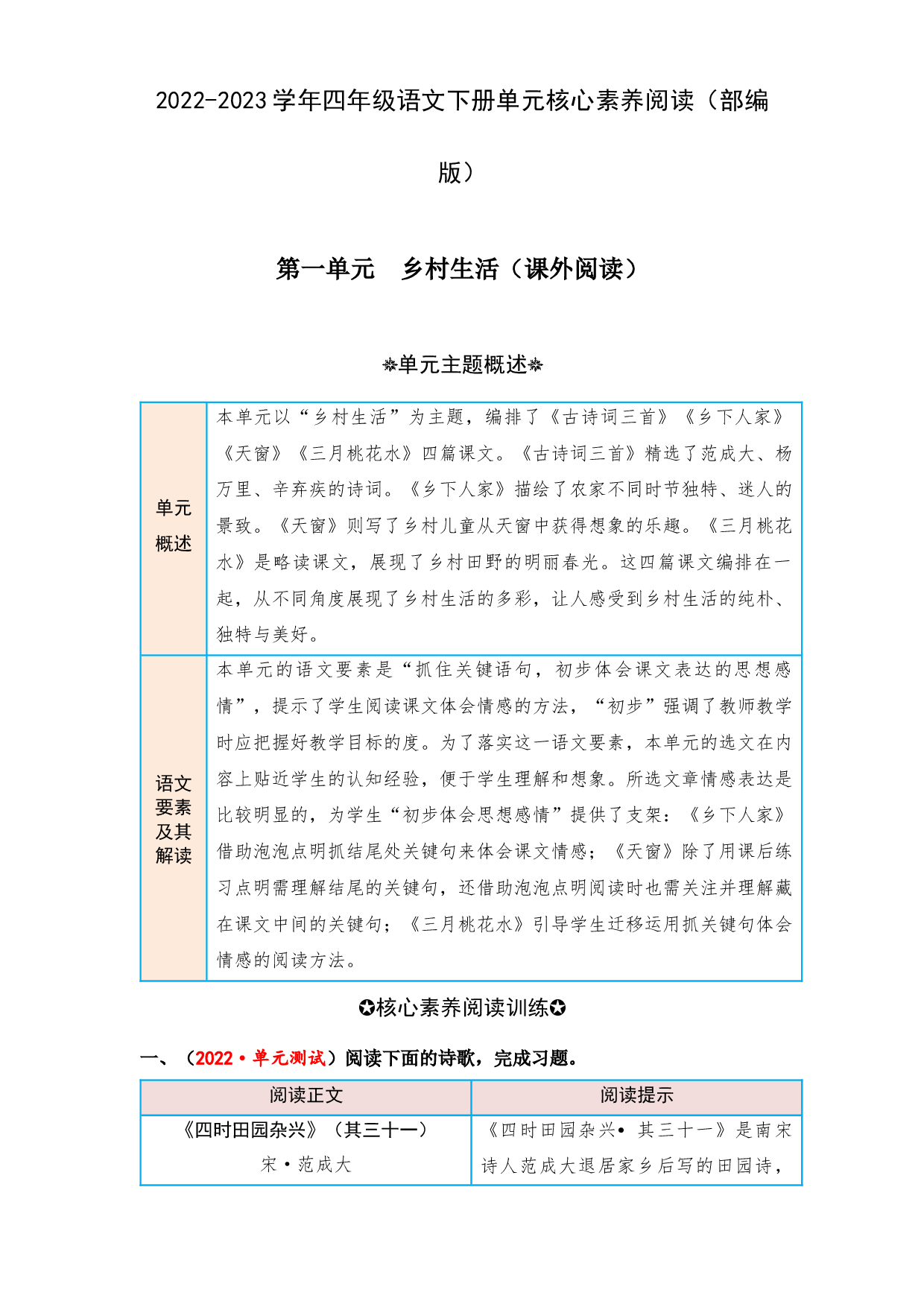 第一单元 乡村生活（课外阅读）-2022-2023学年四年级语文下册单元核心素养阅读（部编版）.docx 第1页