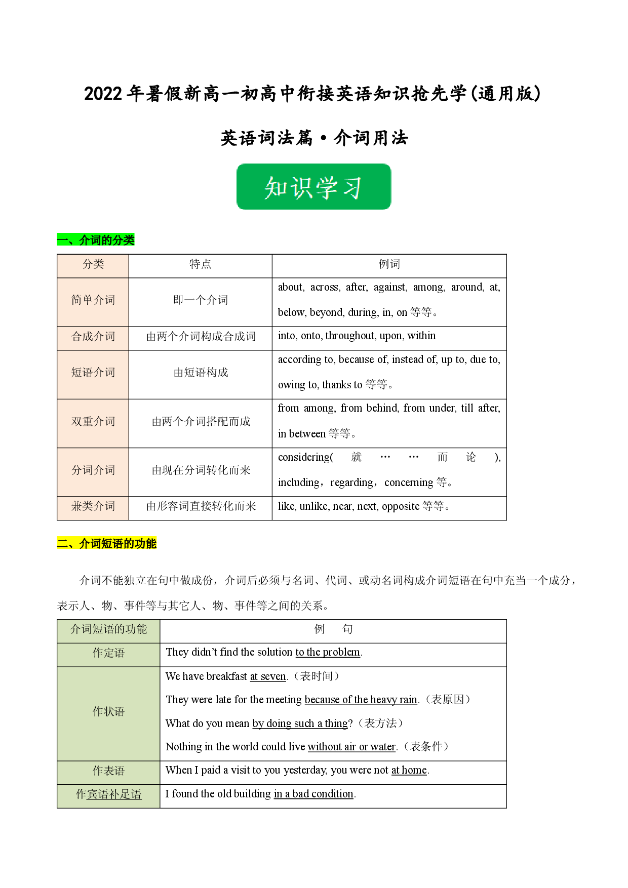 Day 05 介词-2022年暑假新高一【初高中衔接】必备英语知识抢先学(通用版).docx 第1页
