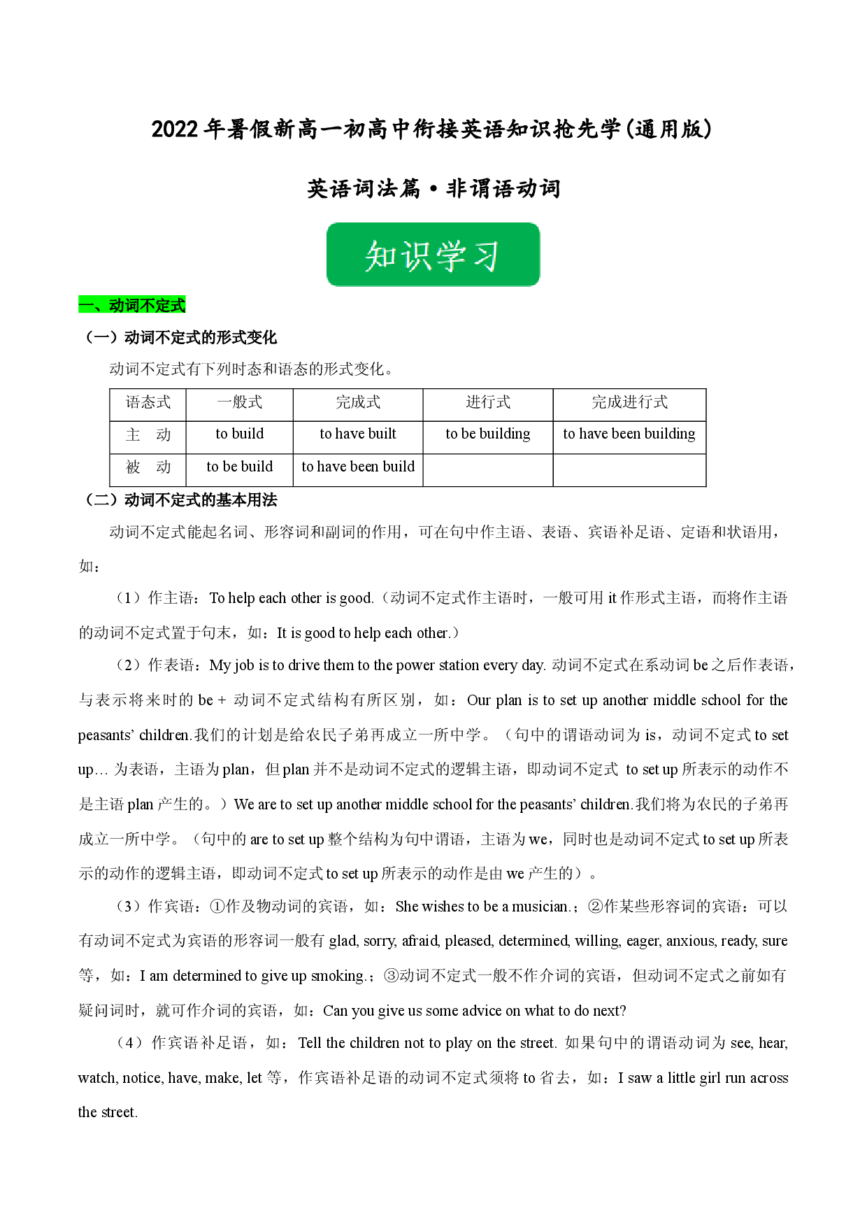 Day 09 非谓语动词-2022年暑假新高一【初高中衔接】必备英语知识抢先学(通用版).docx 第1页