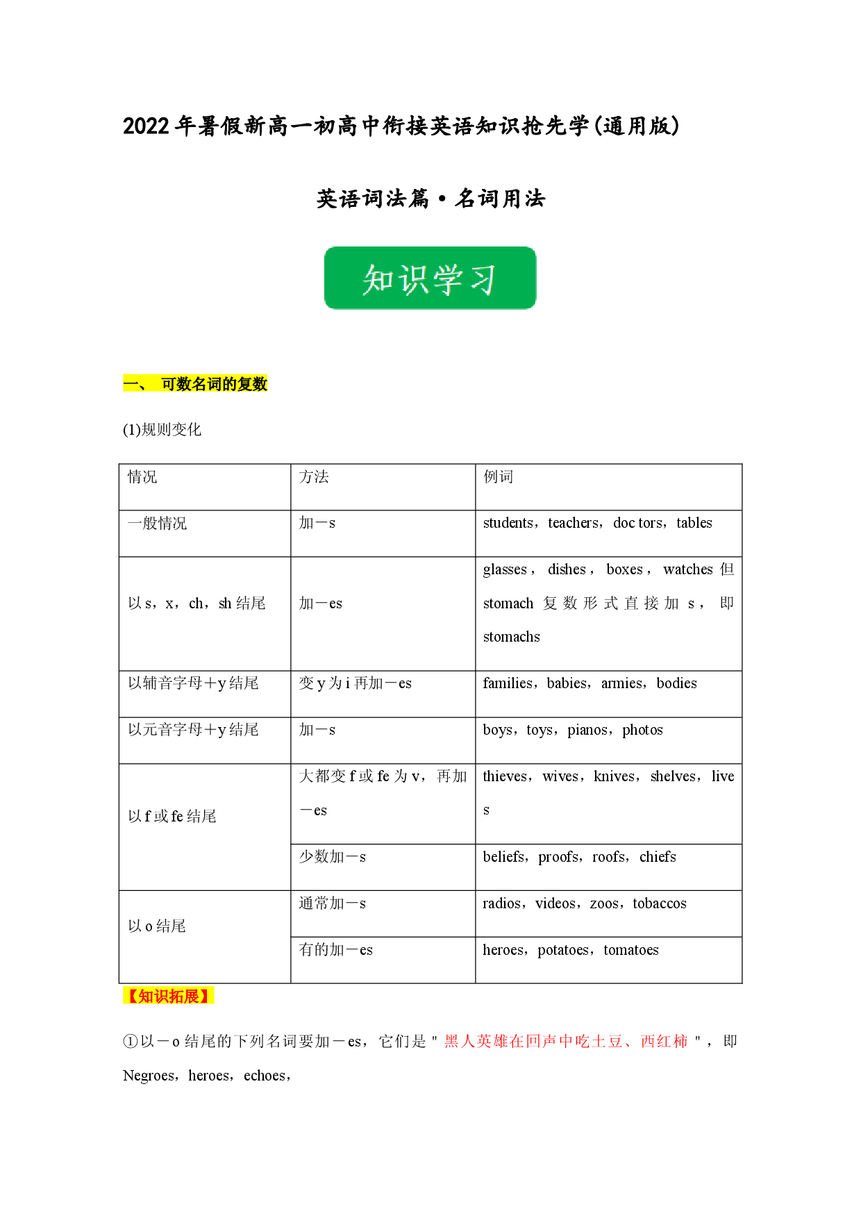 Day 01 名词-2022年暑假新高一【初高中衔接】必备英语知识抢先学(通用版).docx 第1页