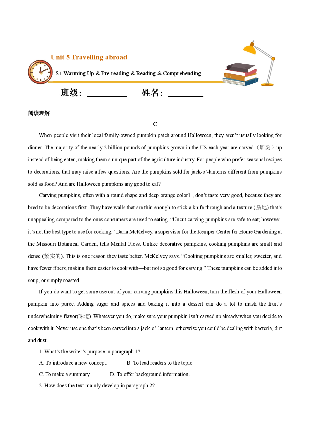 5.1 Warming Up & Pre-reading & Reading & Comprehending（重点练）-2020-2021学年高二英语下学期十分钟同步课堂专练(人教版选修7).docx 第1页