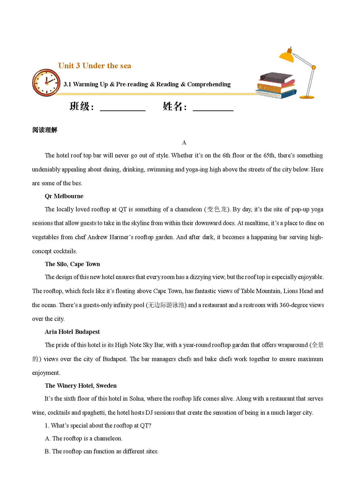 3.1 Warming Up & Pre-reading & Reading & Comprehending（重点练）-2020-2021学年高二英语下学期十分钟同步课堂专练(人教版选修7).docx 第1页