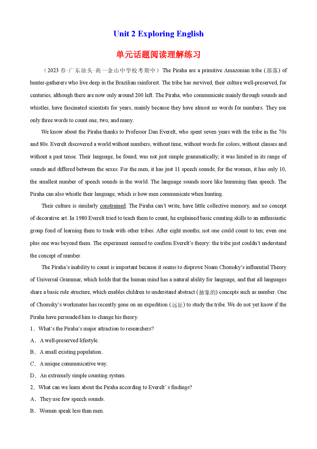 Unit 2 单元话题阅读理解练习-2023-2024学年高一英语必修第一册单元重难点易错题精练（外研版2019）.docx 第1页