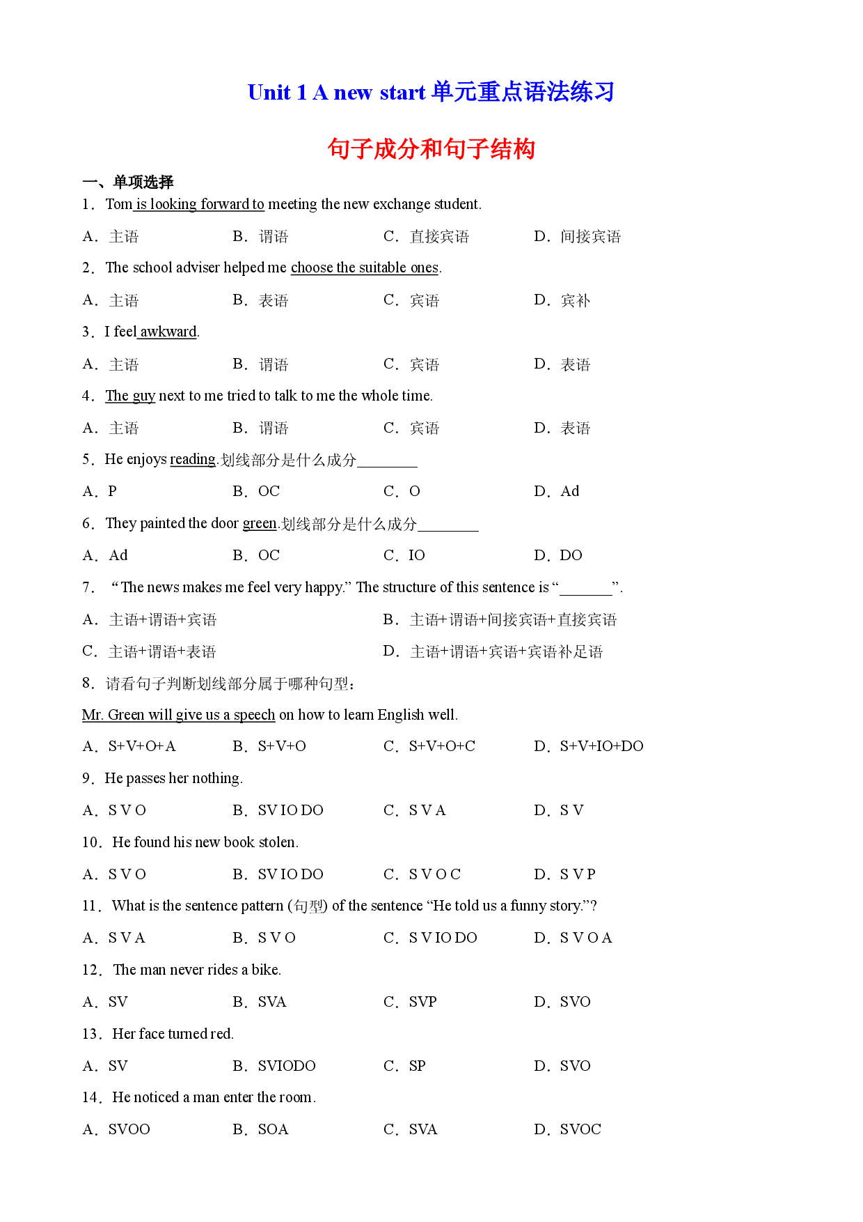 Unit 1 重点语法Grammar 句子成分和句子结构-2023-2024学年高一英语必修第一册单元重难点易错题精练（外研版2019）.docx 第1页