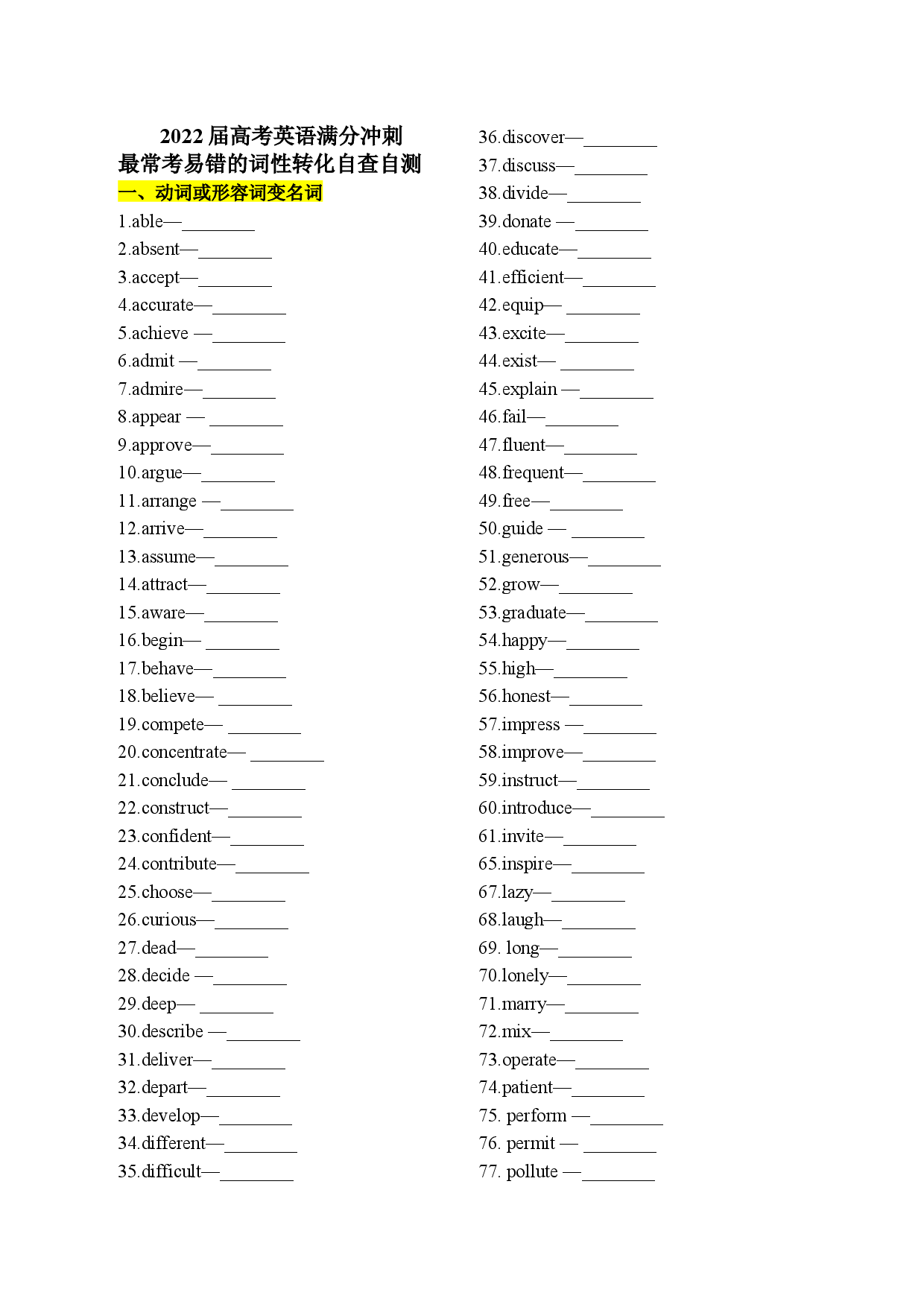 2022届高考英语满分冲刺 1. 最常考易错的词性转化自查自测.docx 第1页