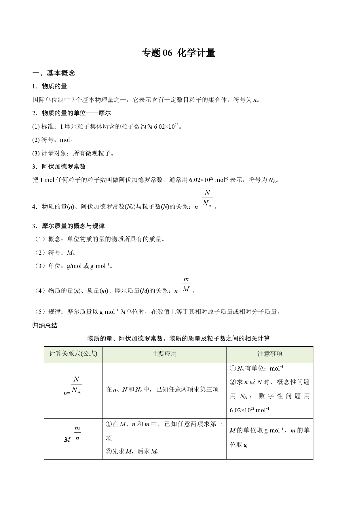 专题06 化学计量（知识串讲）-2021-2022学年高一化学上学期期末考点大串讲（人教版2019）.docx 第1页