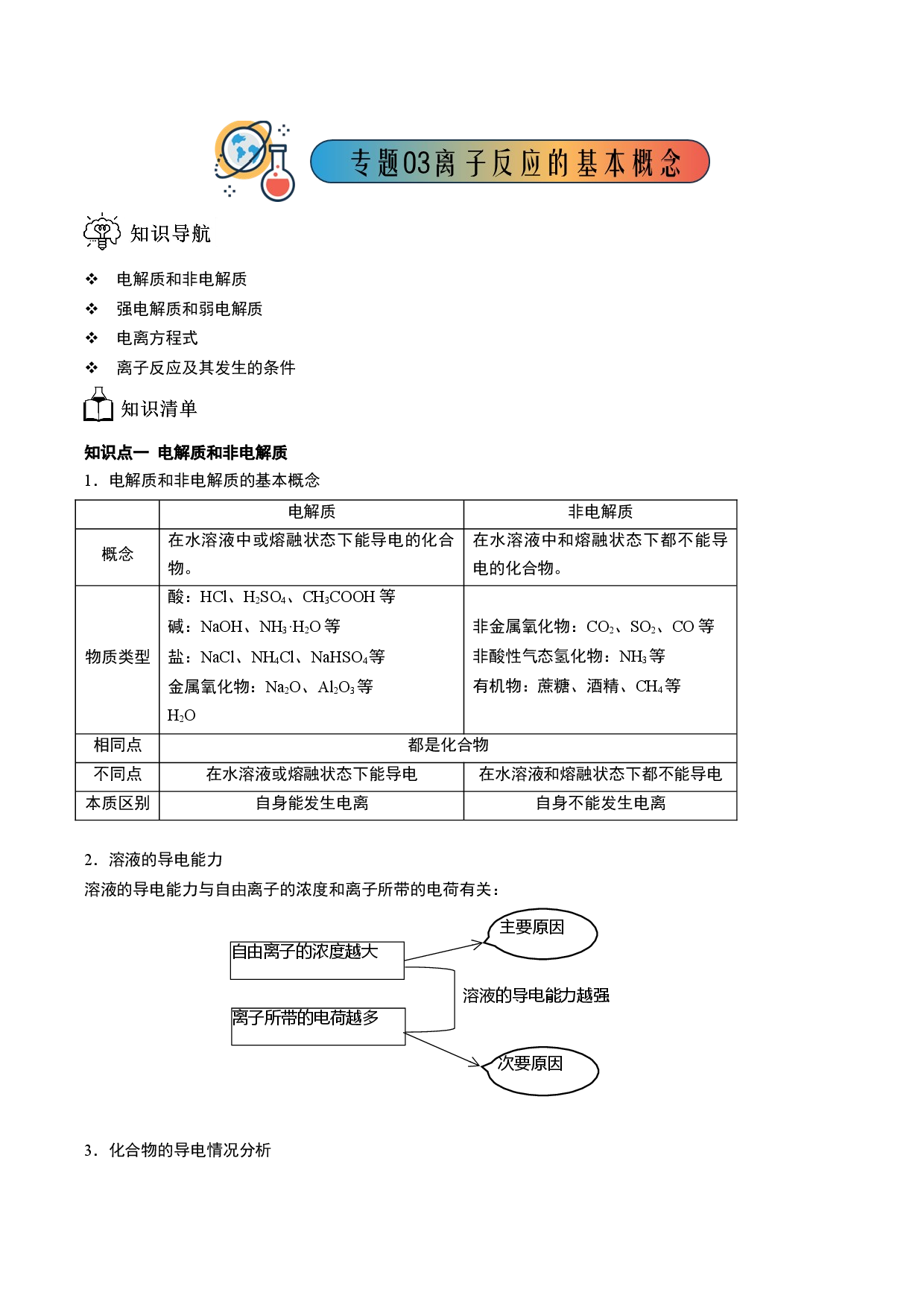 专题03 离子反应的基本概念-【题高分】2022-2023学年高一化学同步教学专题讲义（人教版2019必修第一册）.docx 第1页