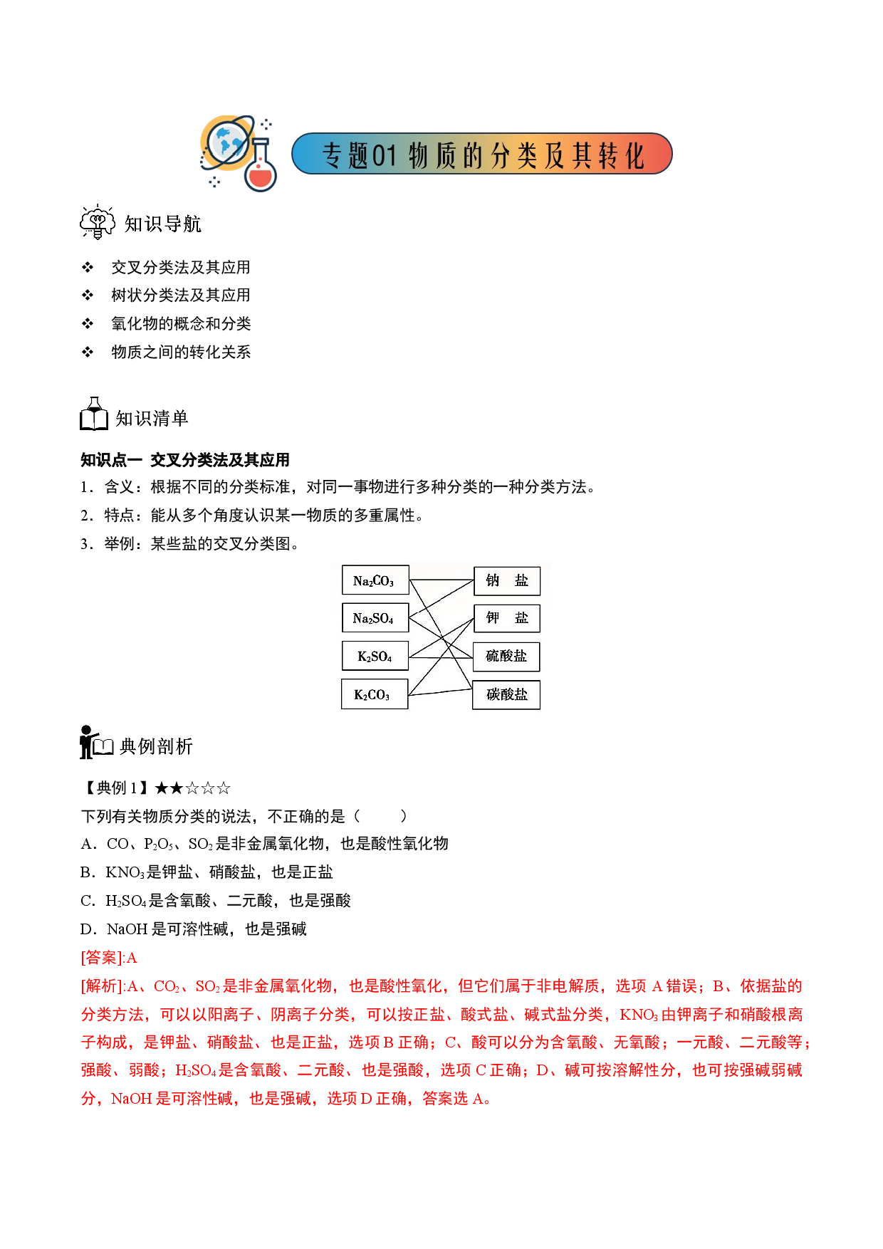 专题01 物质的分类及转化-【题高分】2022-2023学年高一化学同步教学专题讲义（人教版2019必修第一册）.docx 第1页