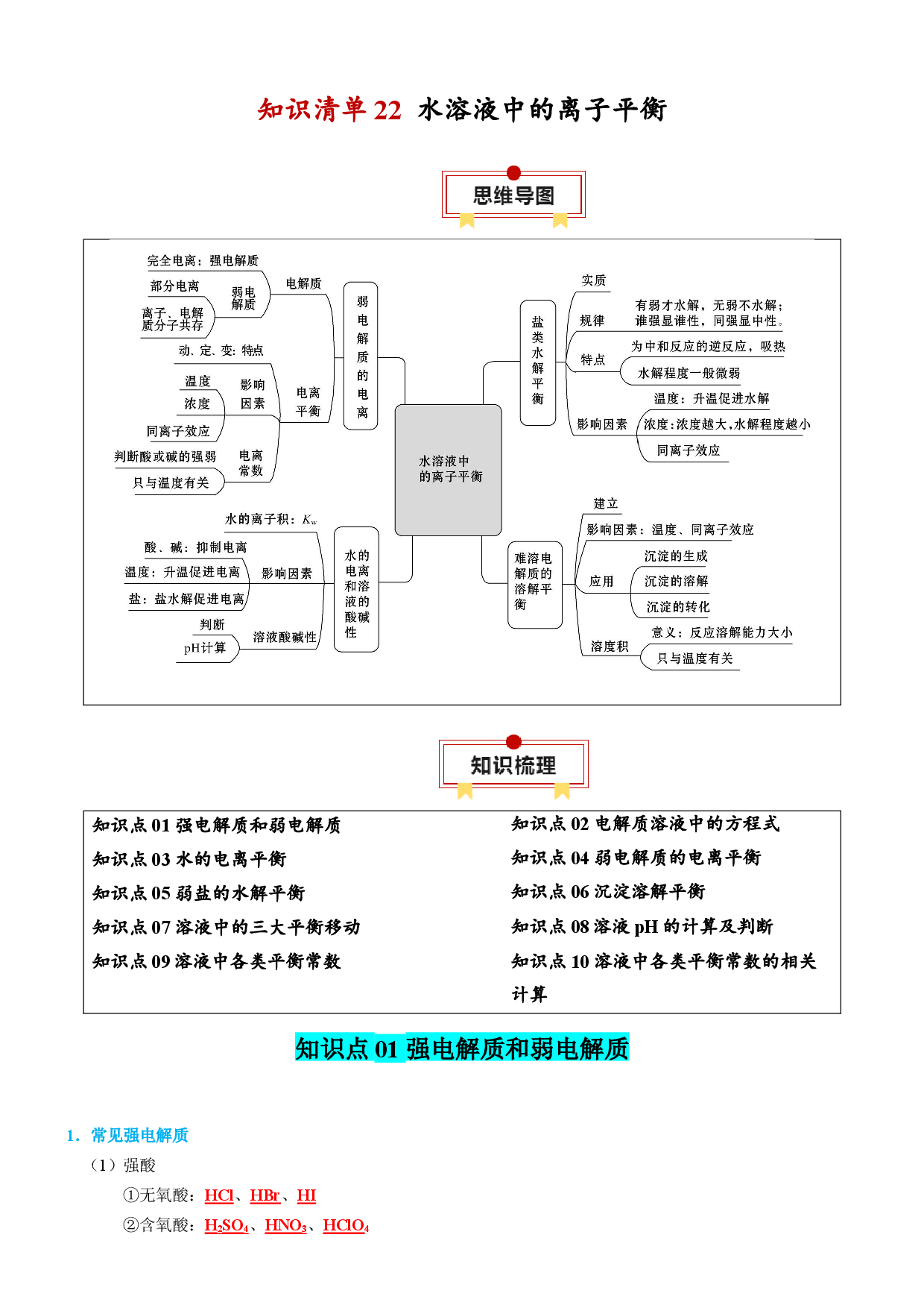 知识清单22  水溶液中的离子平衡-2024年高考化学一轮复习知识清单.docx 第1页