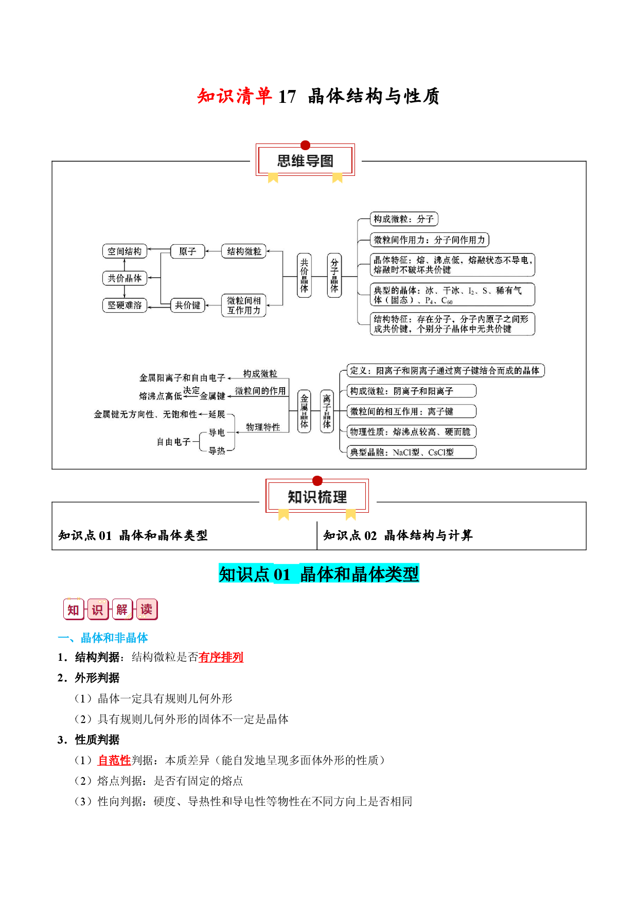 知识清单17 晶体结构与性质-2024年高考化学一轮复习知识清单.docx 第1页