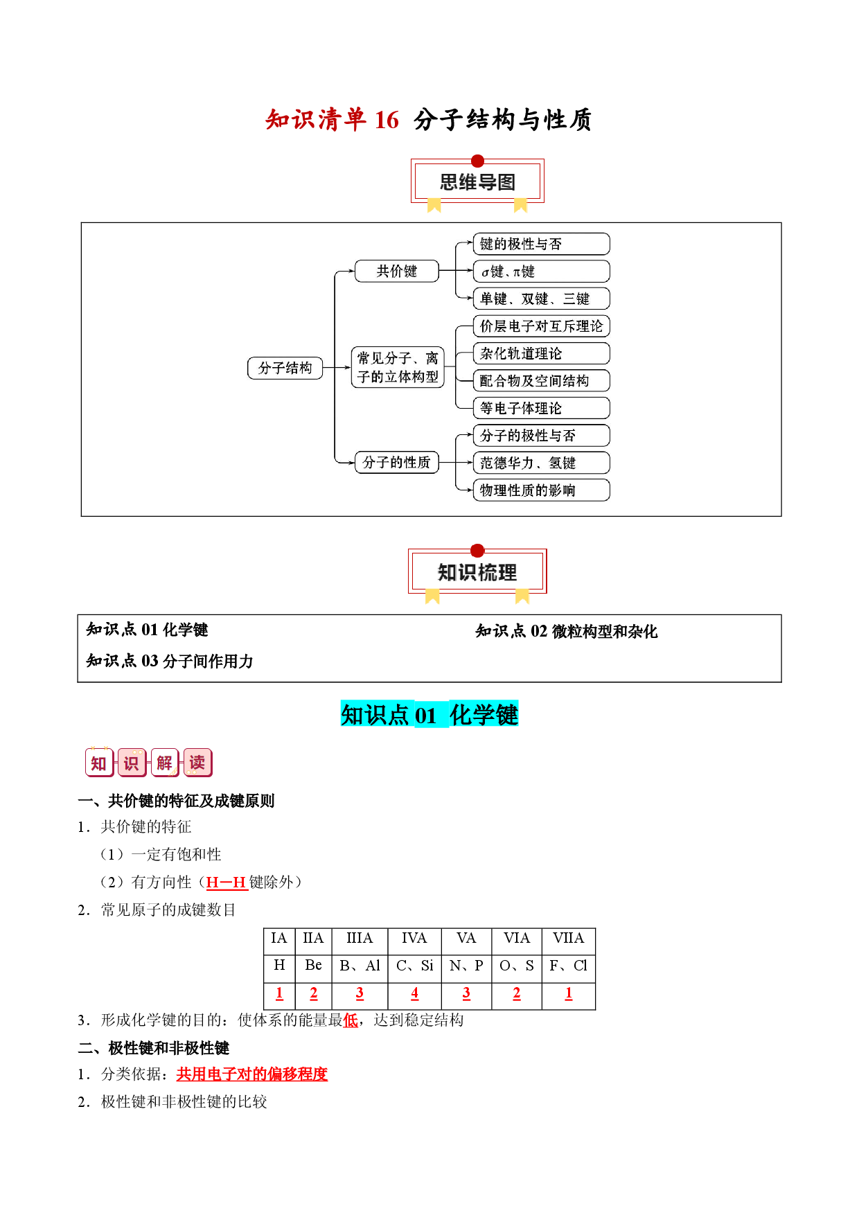 知识清单16  分子结构与性质-2024年高考化学一轮复习知识清单.docx 第1页