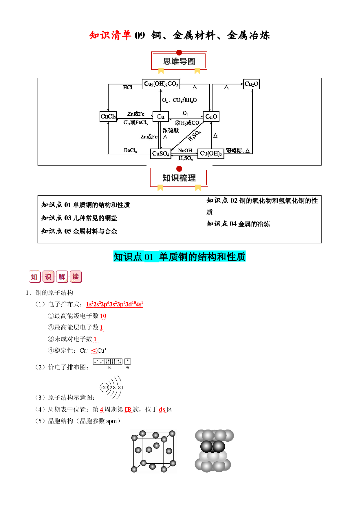 知识清单09  铜、金属材料、金属冶炼-2024年高考化学一轮复习知识清单.docx 第1页