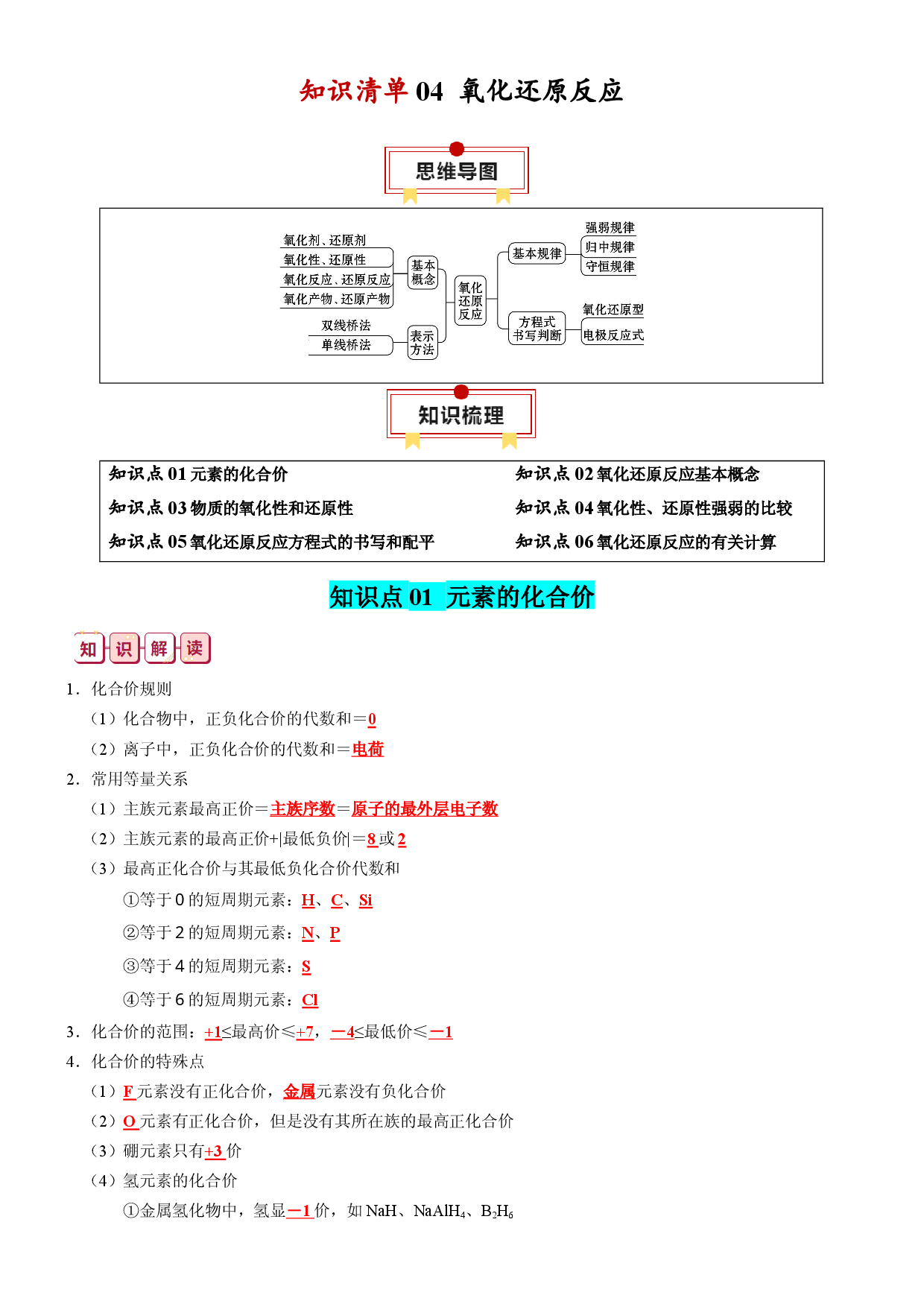 知识清单04  氧化还原反应-2024年高考化学一轮复习知识清单.docx 第1页
