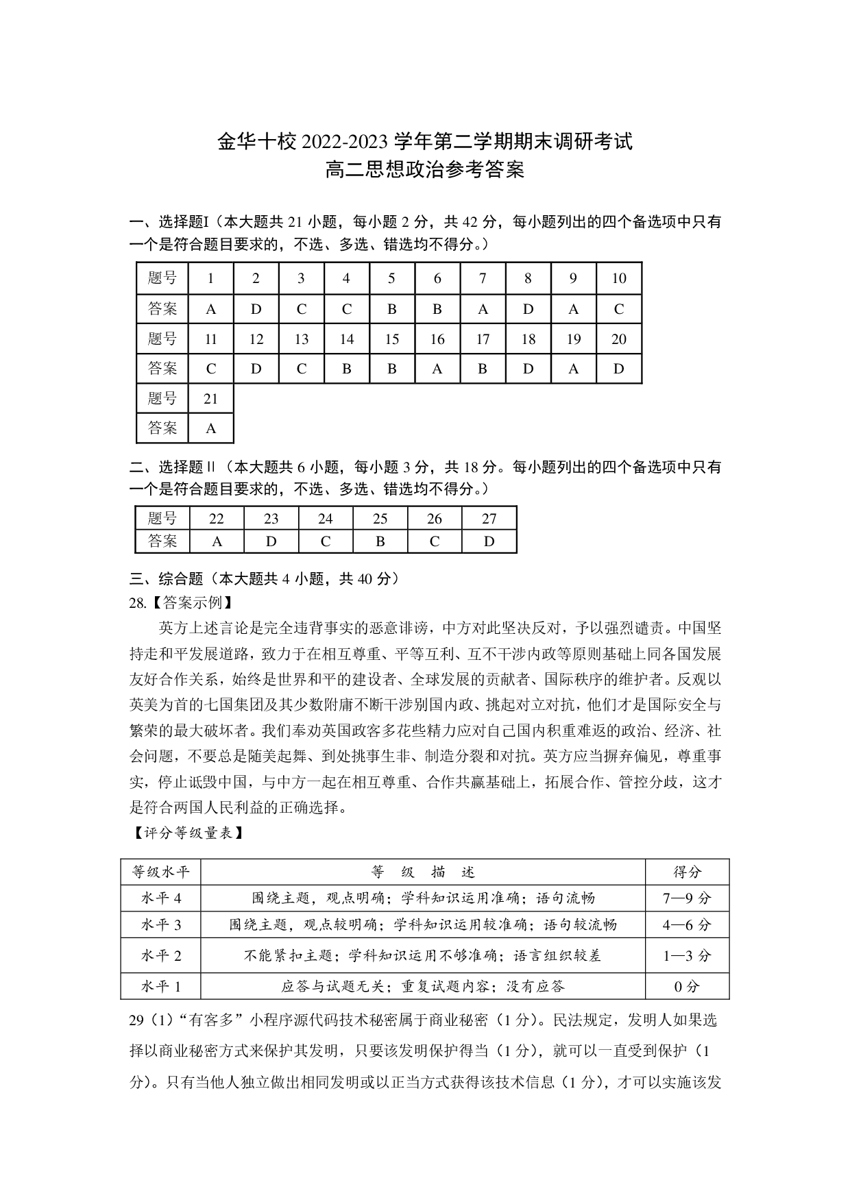 【高二】浙江省金华十校2022-2023学年高二下学期期末调研考试+政治答案.pdf 第1页